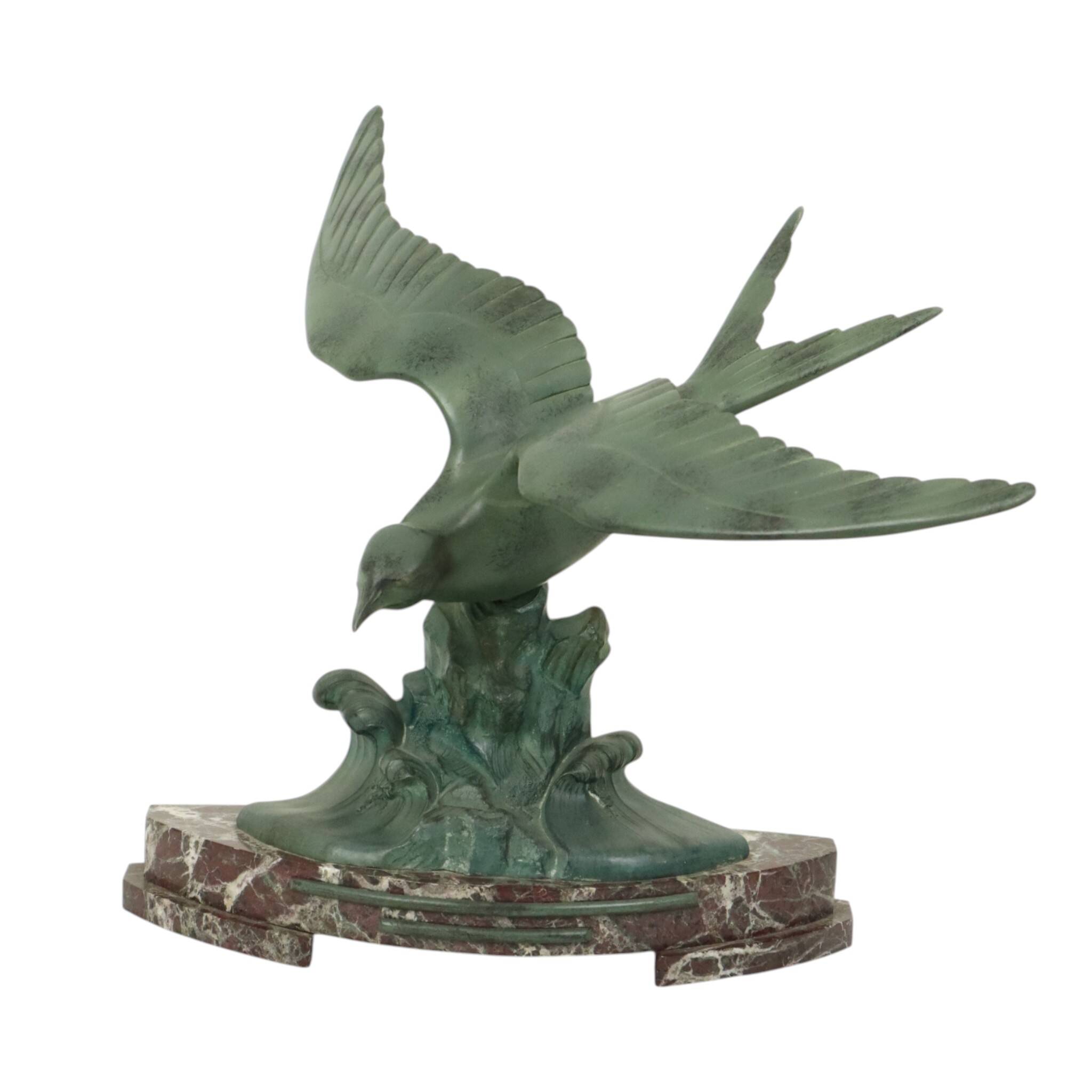 Sculpture Art Déco Goéland sur Socle en Marbre Patine Bronze 51 cm