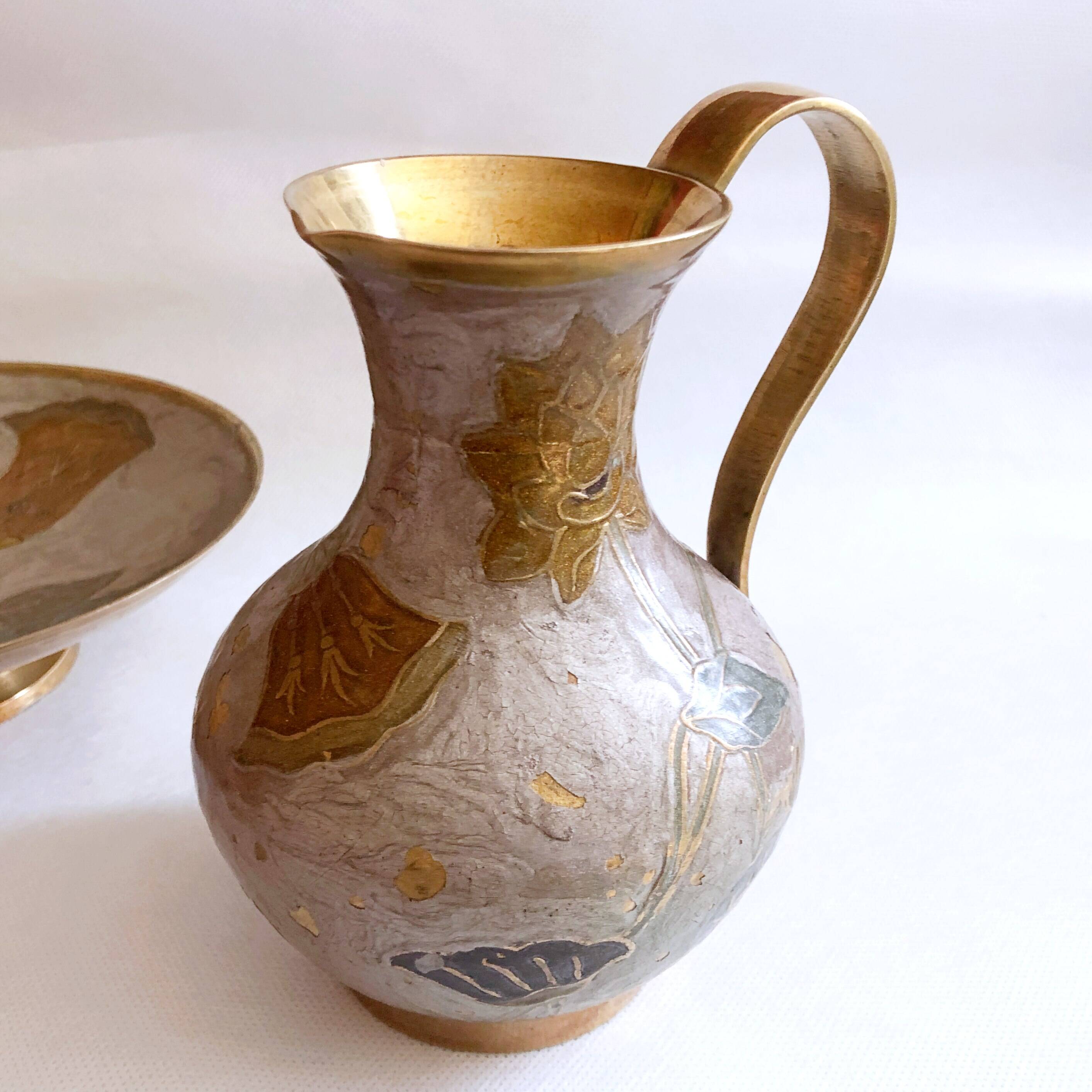 Enamelled brass carafe and cup set