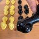 Box of 12 dog-shaped cutlery rests in yellow and black majolica.