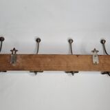 Antique wall-mounted coat rack in wood and metal with 4 hooks, 66 cm