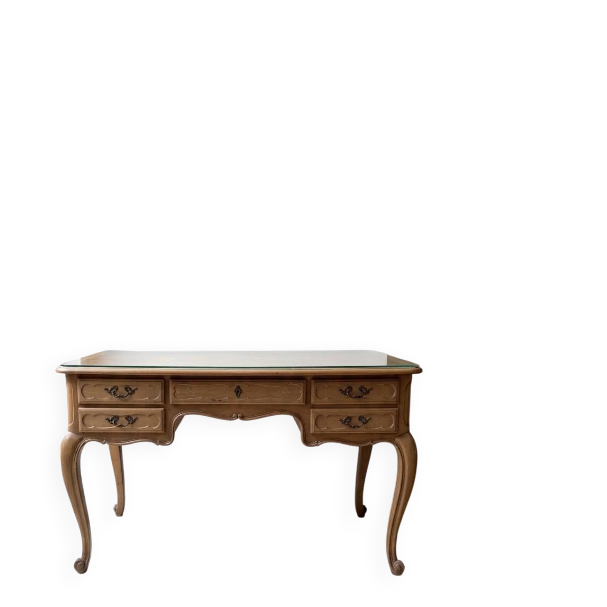 Bureau Louis XV vintage en bois et verre - 5 tiroirs