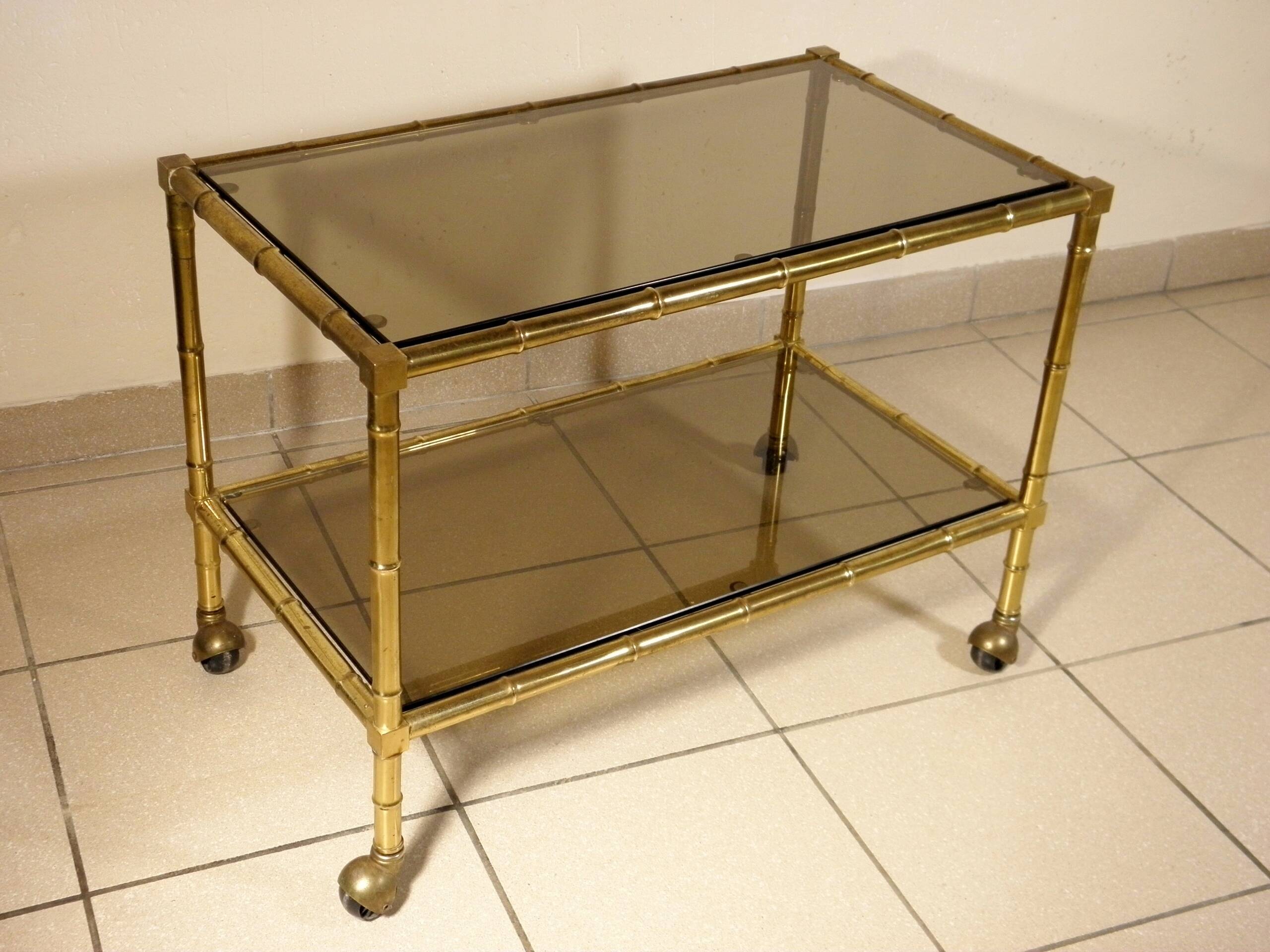 Serving trolley, table on wheels in "bamboo" brass