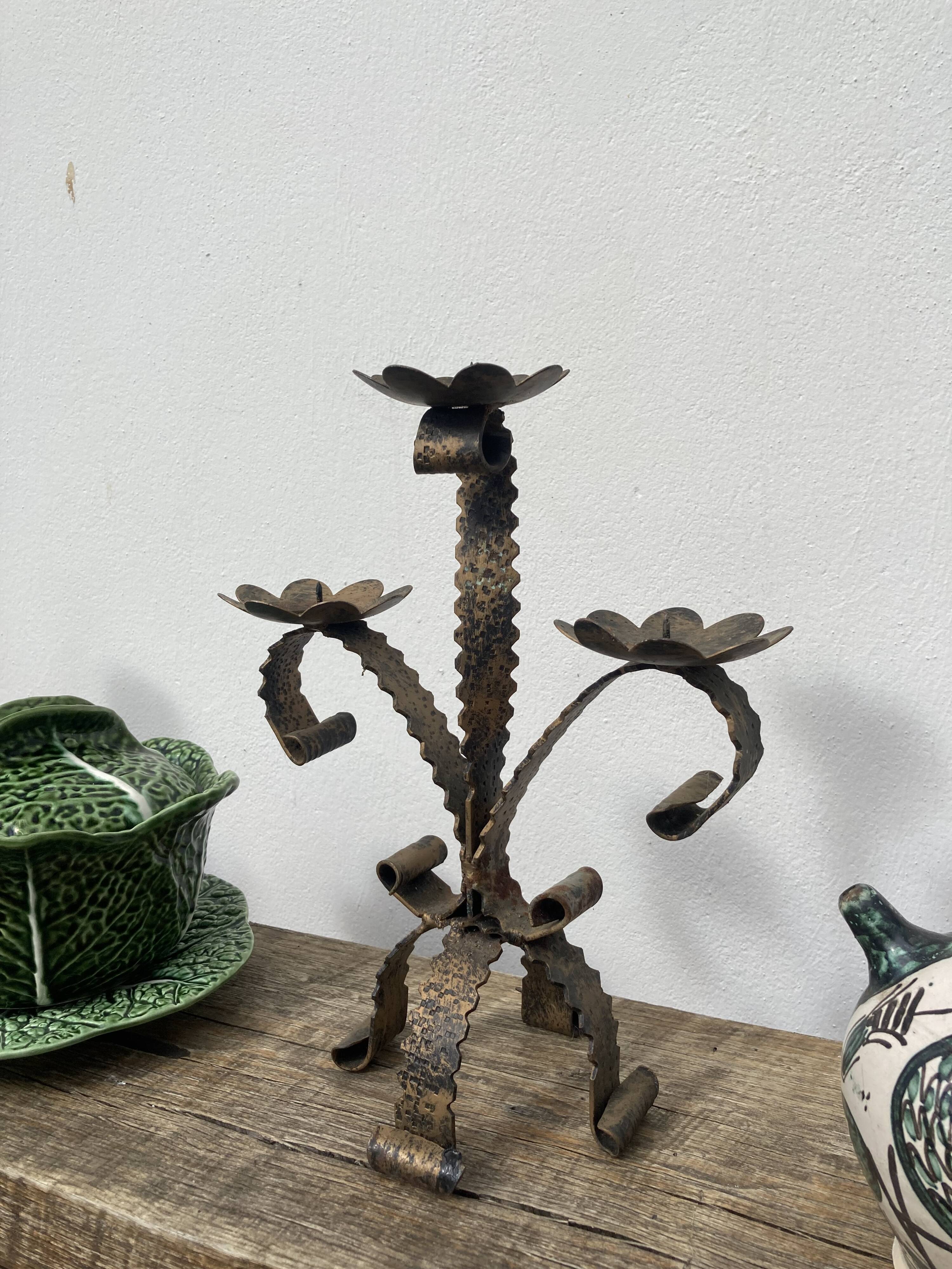 Brutalist candle holder folk art - wrought iron candlestick