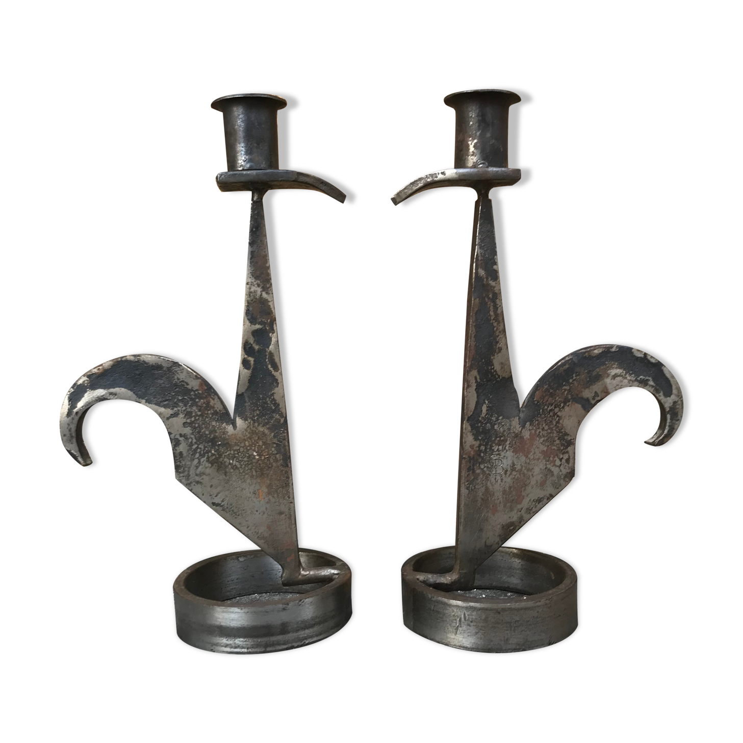 Signed zoomorphic iron candle holders