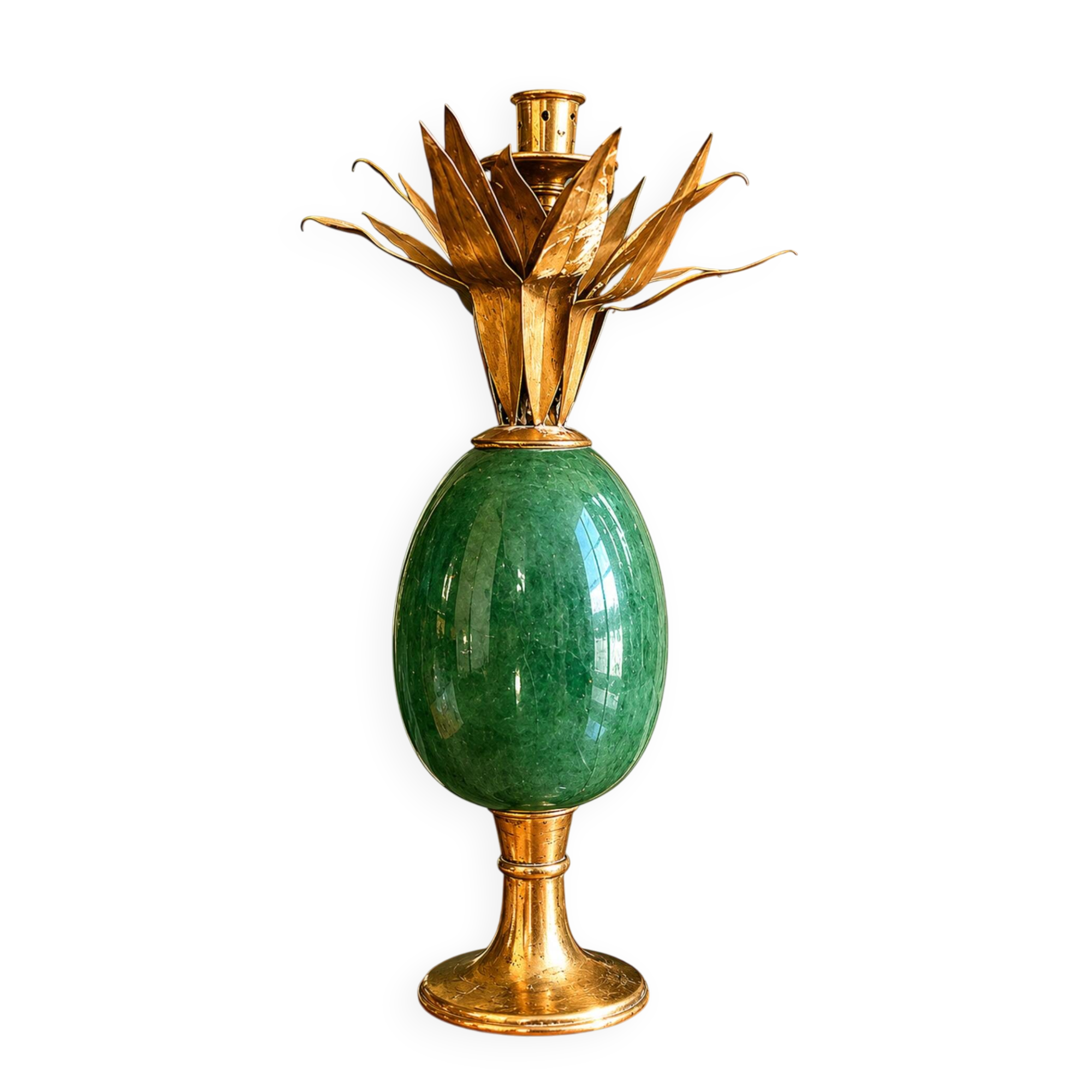 Vintage flower candlestick in brass and green stone