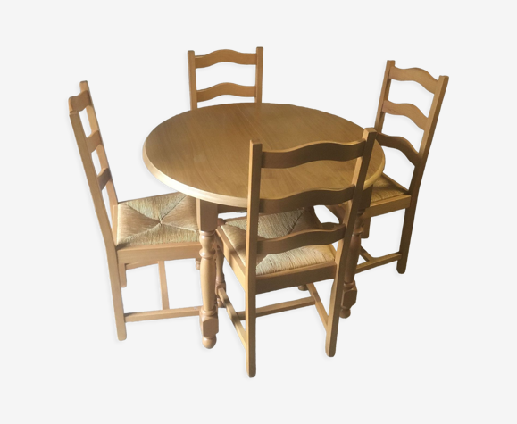 Table ronde & 4 chaises paillées en chêne et hêtre