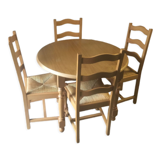 Table ronde & 4 chaises paillées en chêne et hêtre