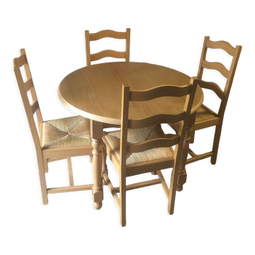 Round table & 4 rush-seated chairs in oak and beech