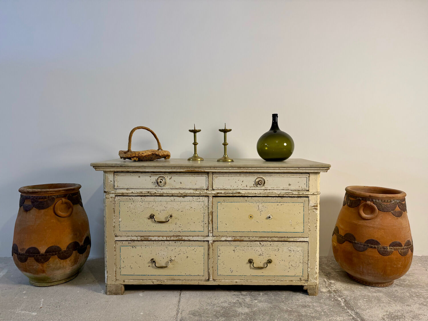 Double-sided shop counter furniture with 6 drawers, length 156 cm.