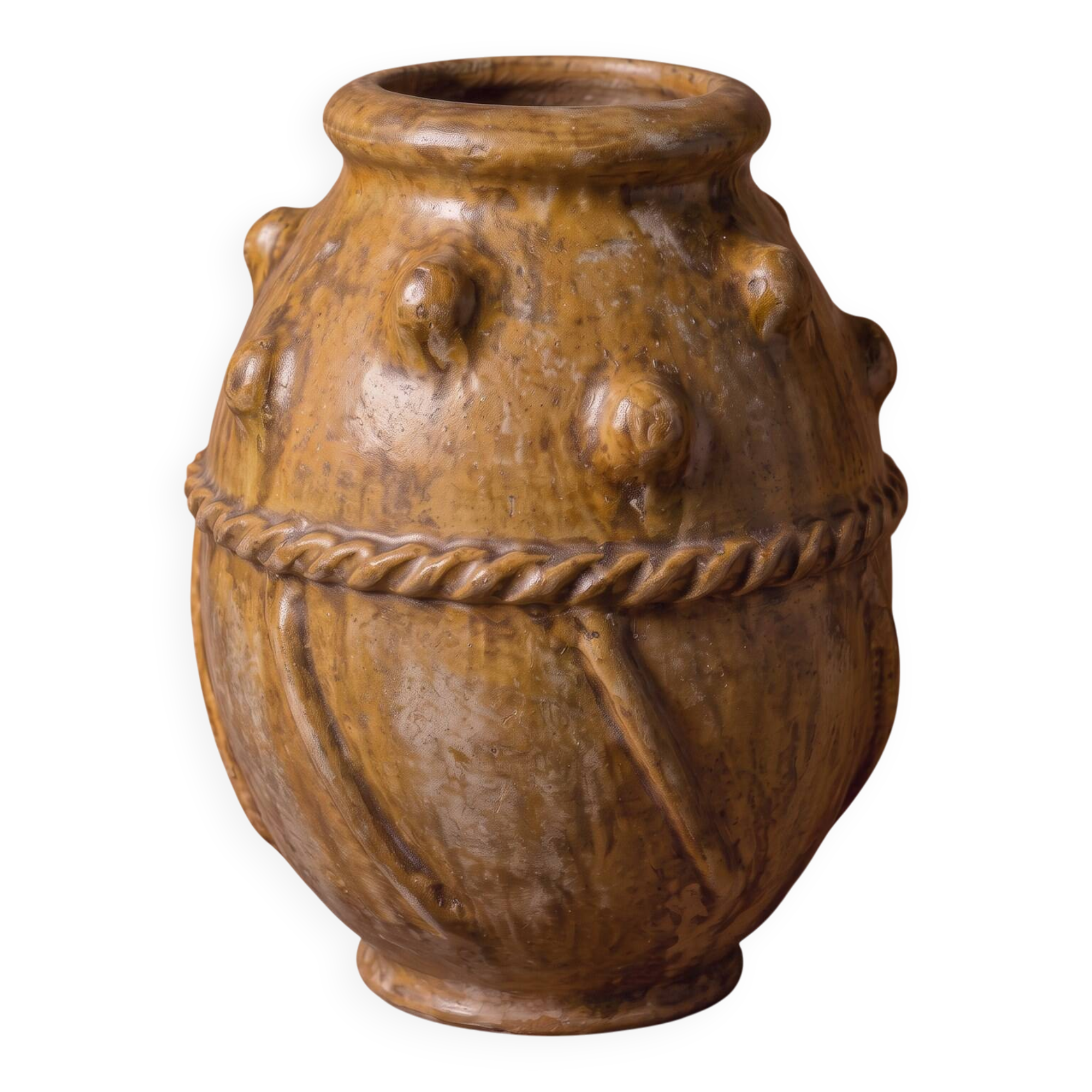 Glazed terracotta urn with protrusions and cordons.