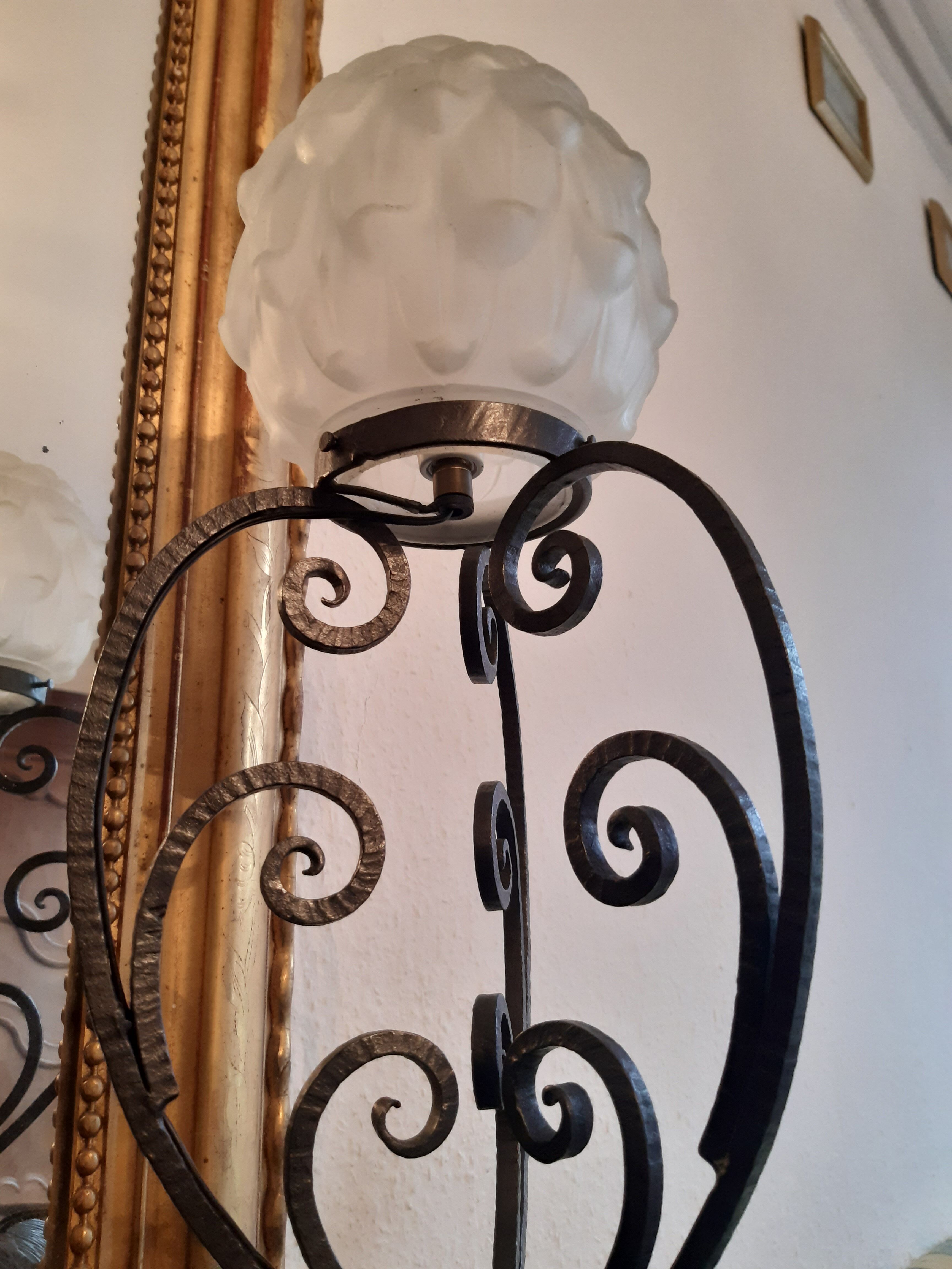 Art Deco period lamp wrought iron and pressed molded glass globe