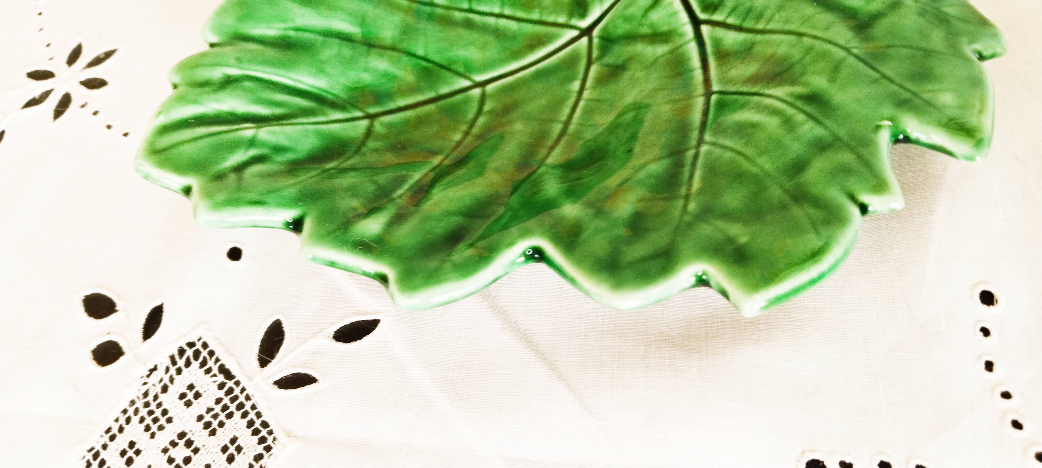 Sarreguemines barbotine, butter dish, pocket emptier, vine leaf
