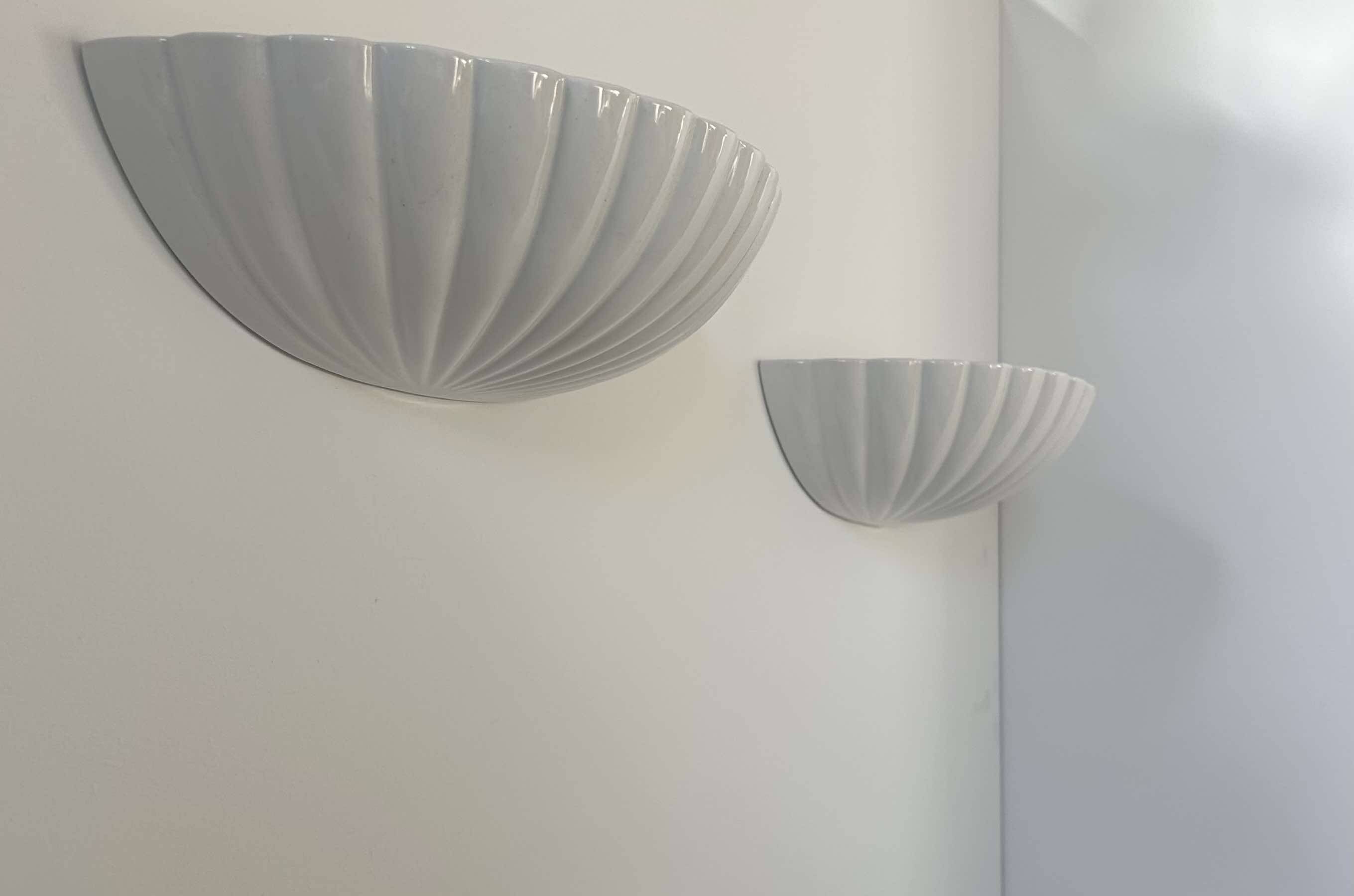 Pair of vintage shell wall lights, white porcelain, France 1970