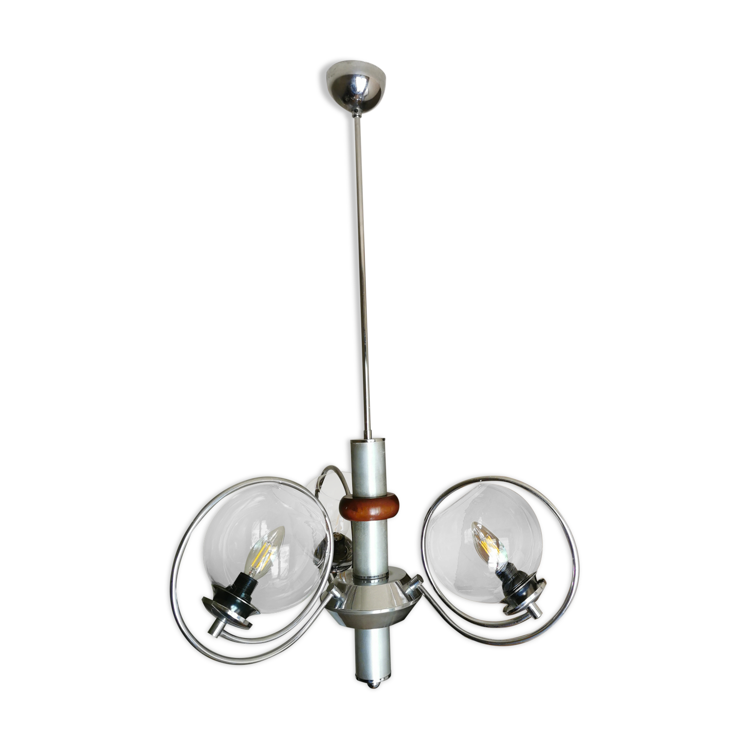 Vintage chrome metal chandelier, wood and 3 glass globes