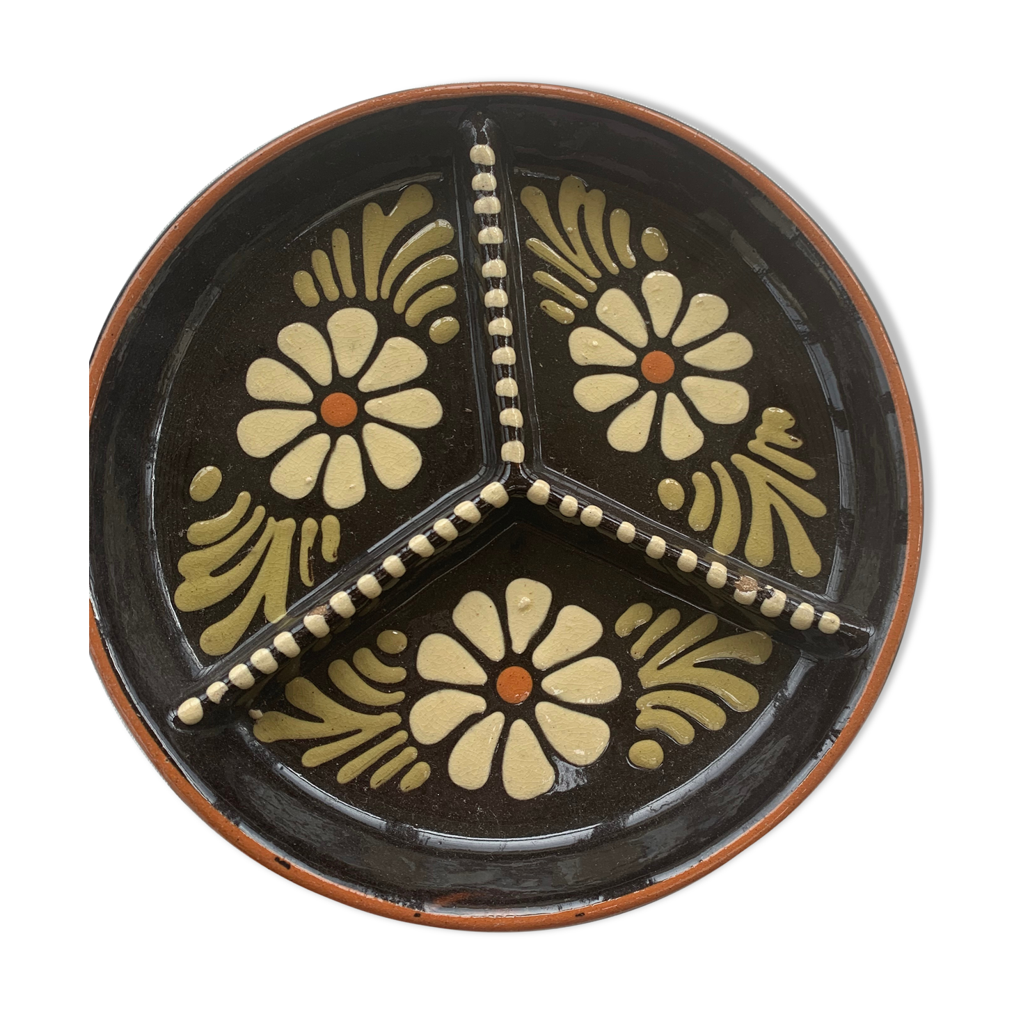Compartment plate Alsatian pottery vintage floral pattern