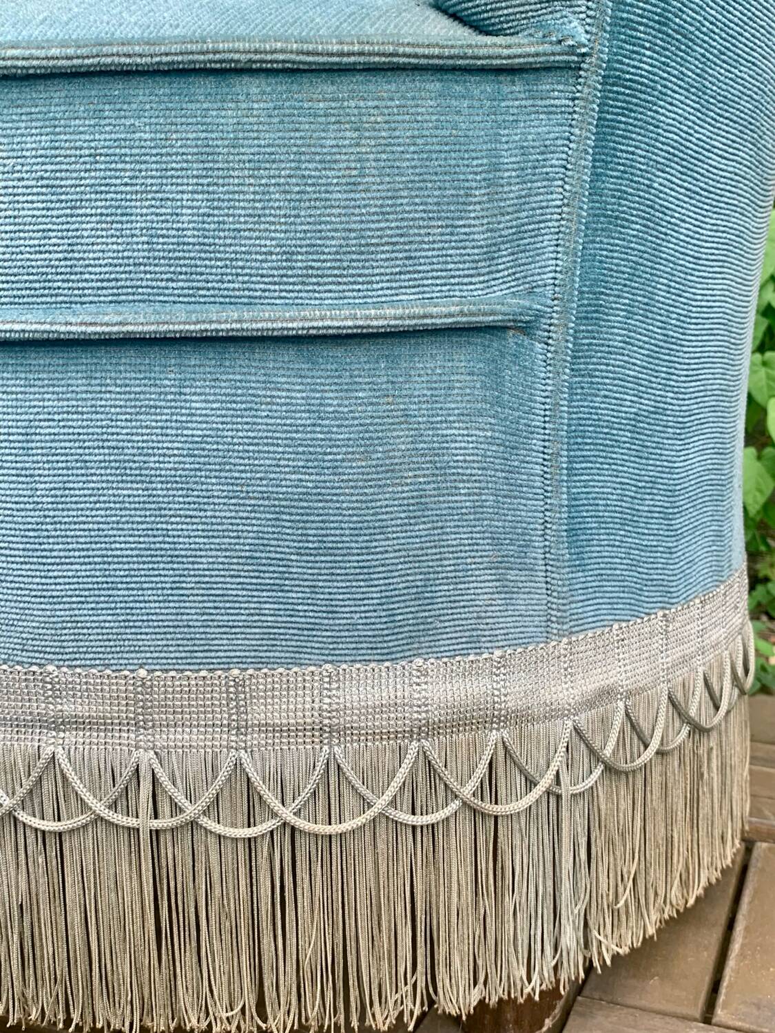 Pair of vintage blue velvet upholstered toad armchairs from the 1970s