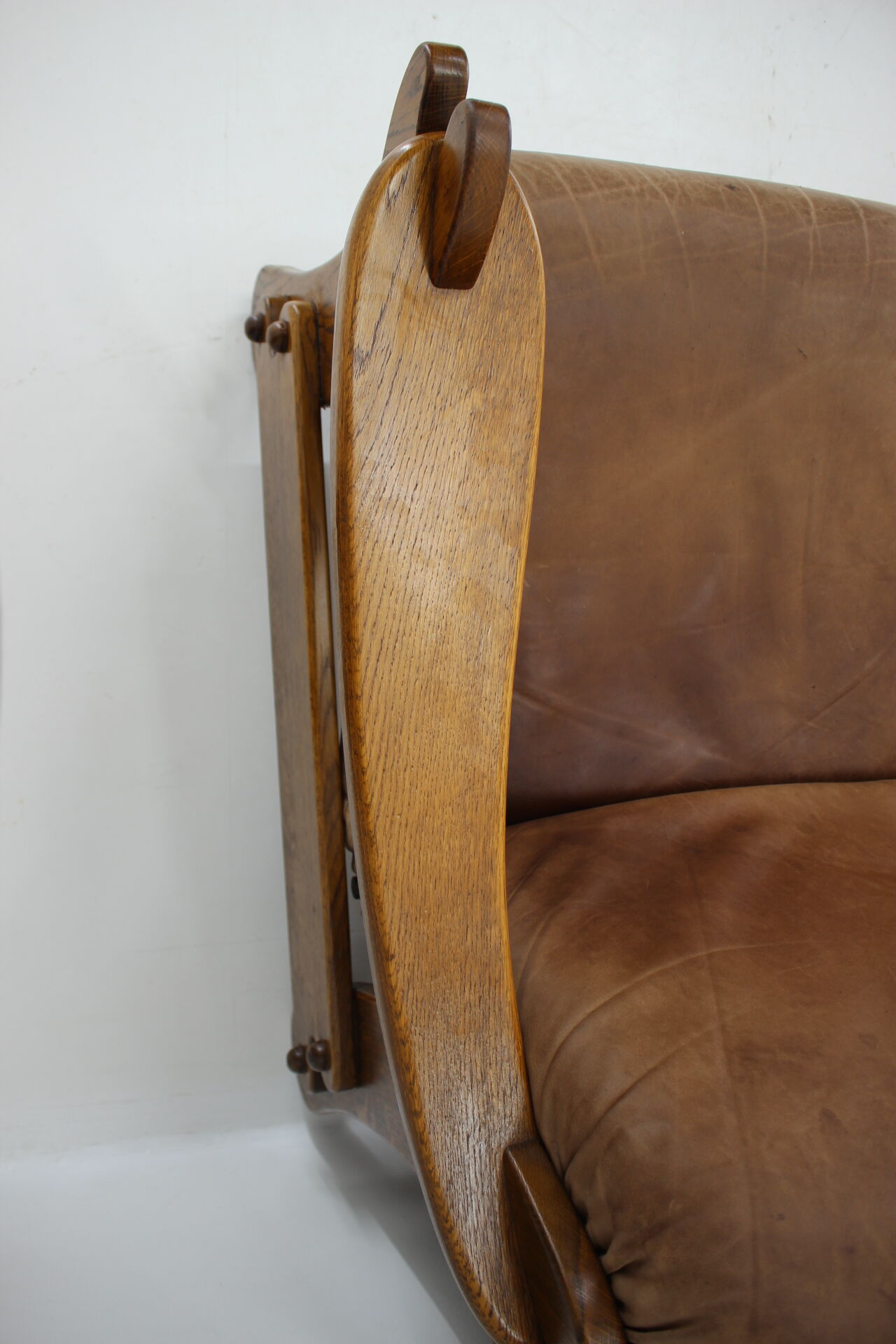 1970s Brutalist Dutch Oak and Leather 3 Seater Sofa