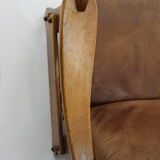 1970s Brutalist Dutch Oak and Leather 3 Seater Sofa