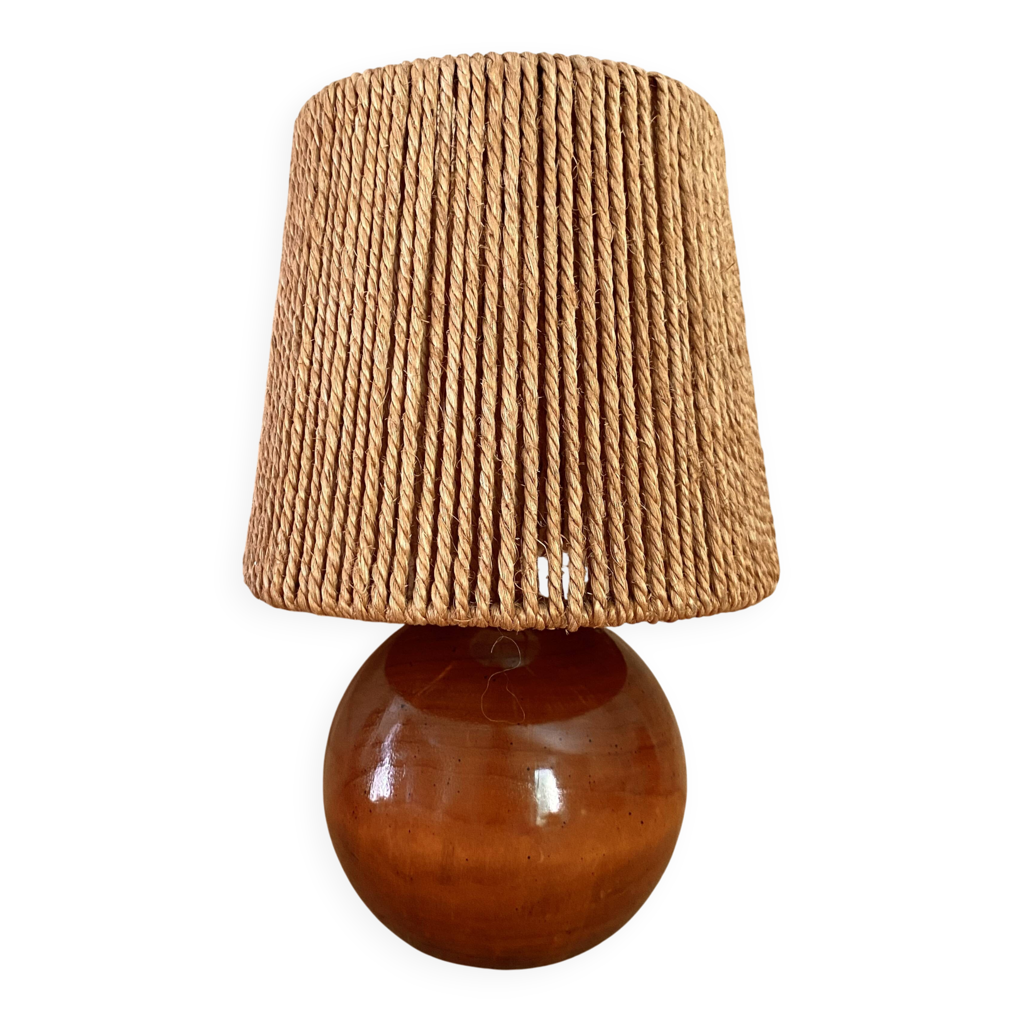 Lampe bois, câble tissu 2M, abat-jour corde 1960