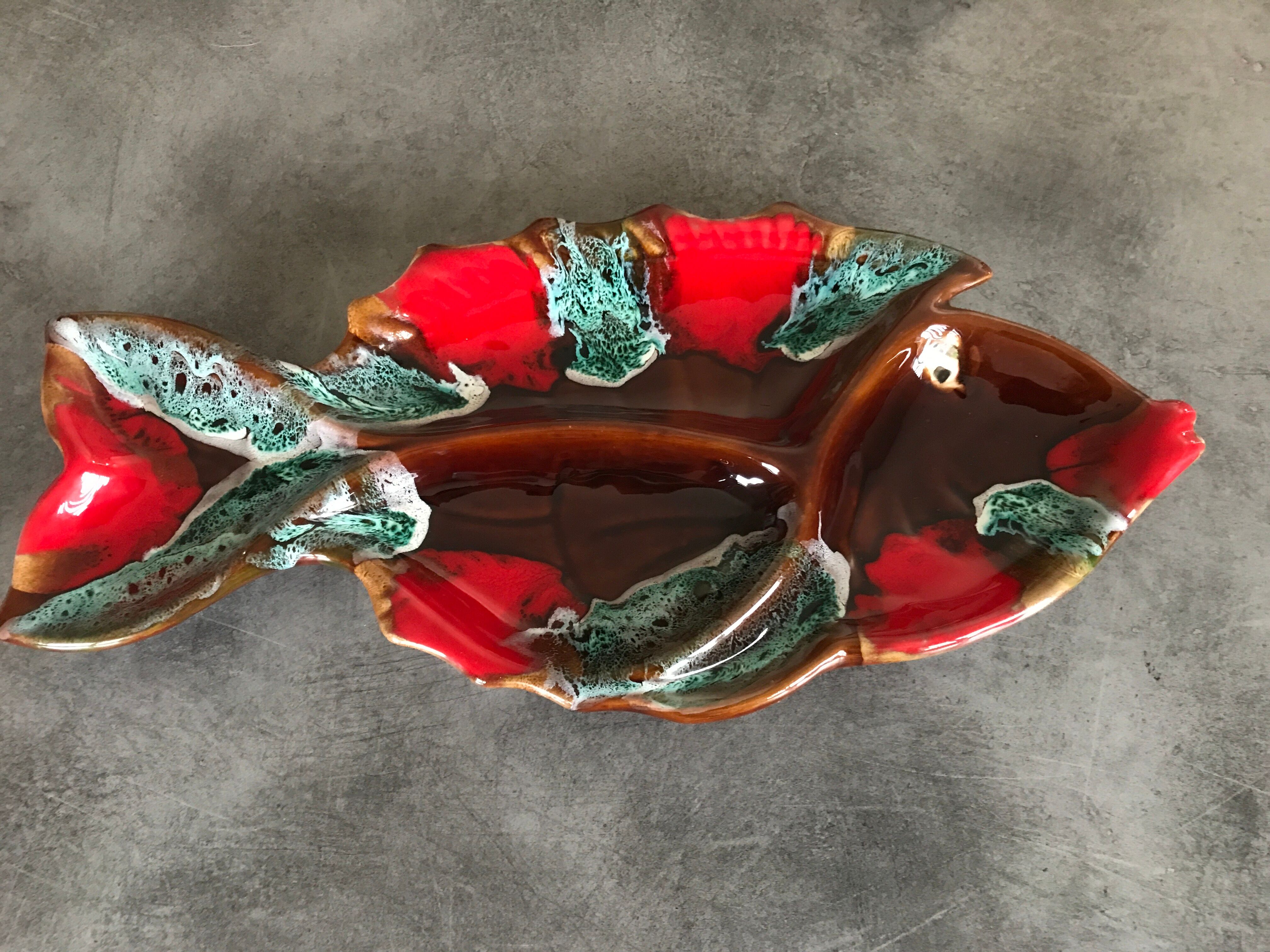 Vallauris compartmentalized dish fish shape polychrome ceramic 47 cm