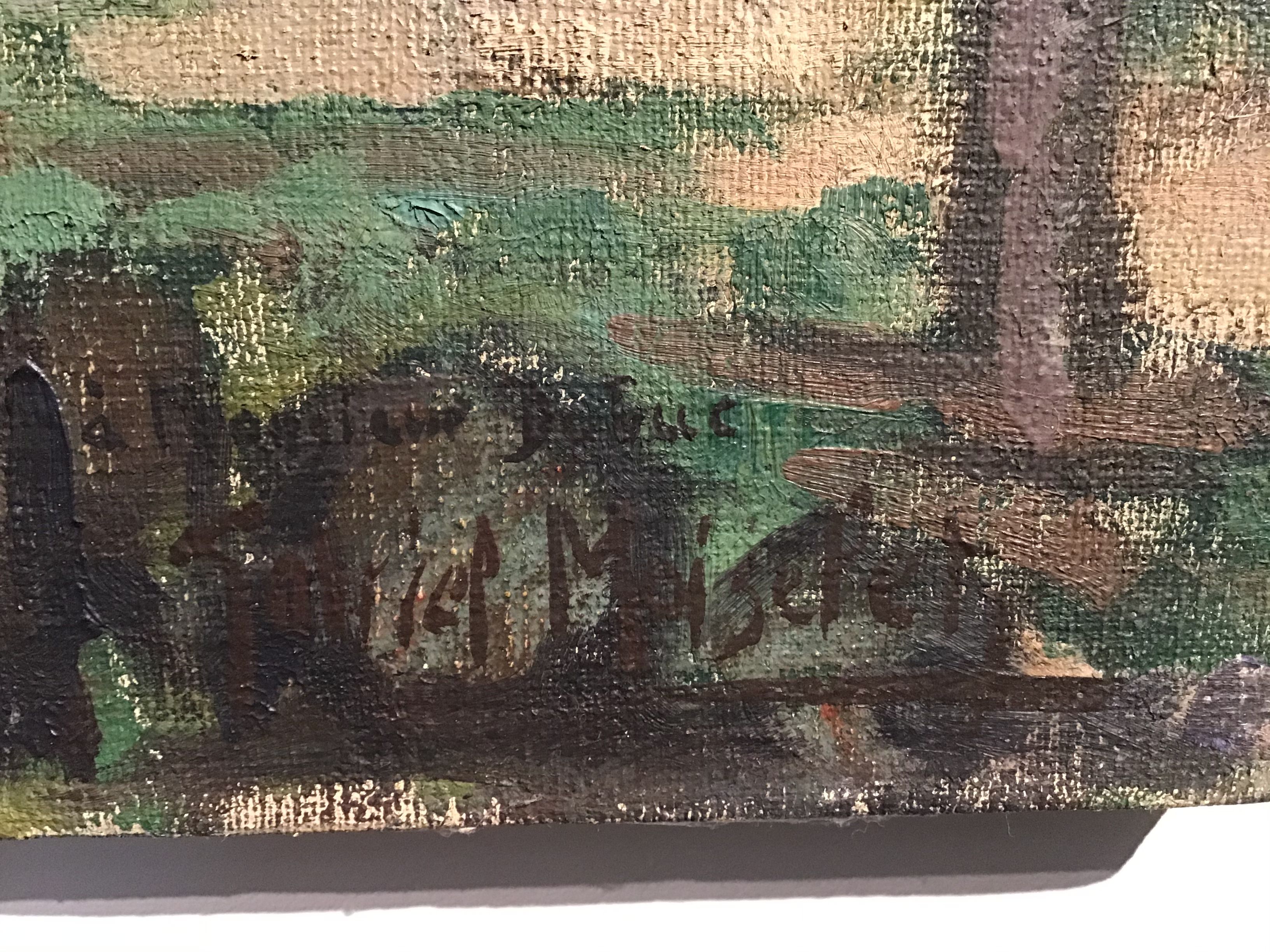 Ancient landscape painting of Auvergne , signed Gabriel Moiselet 20th century