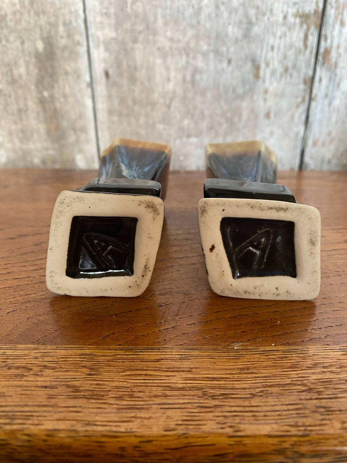 Pair of art deco flamed ceramic vases in black & beige vintage