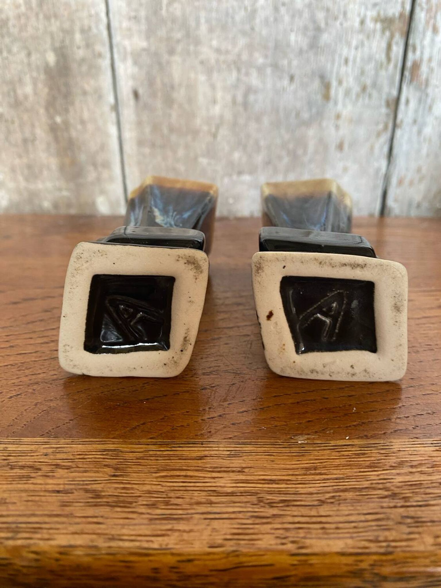Pair of art deco flamed ceramic vases in black & beige vintage