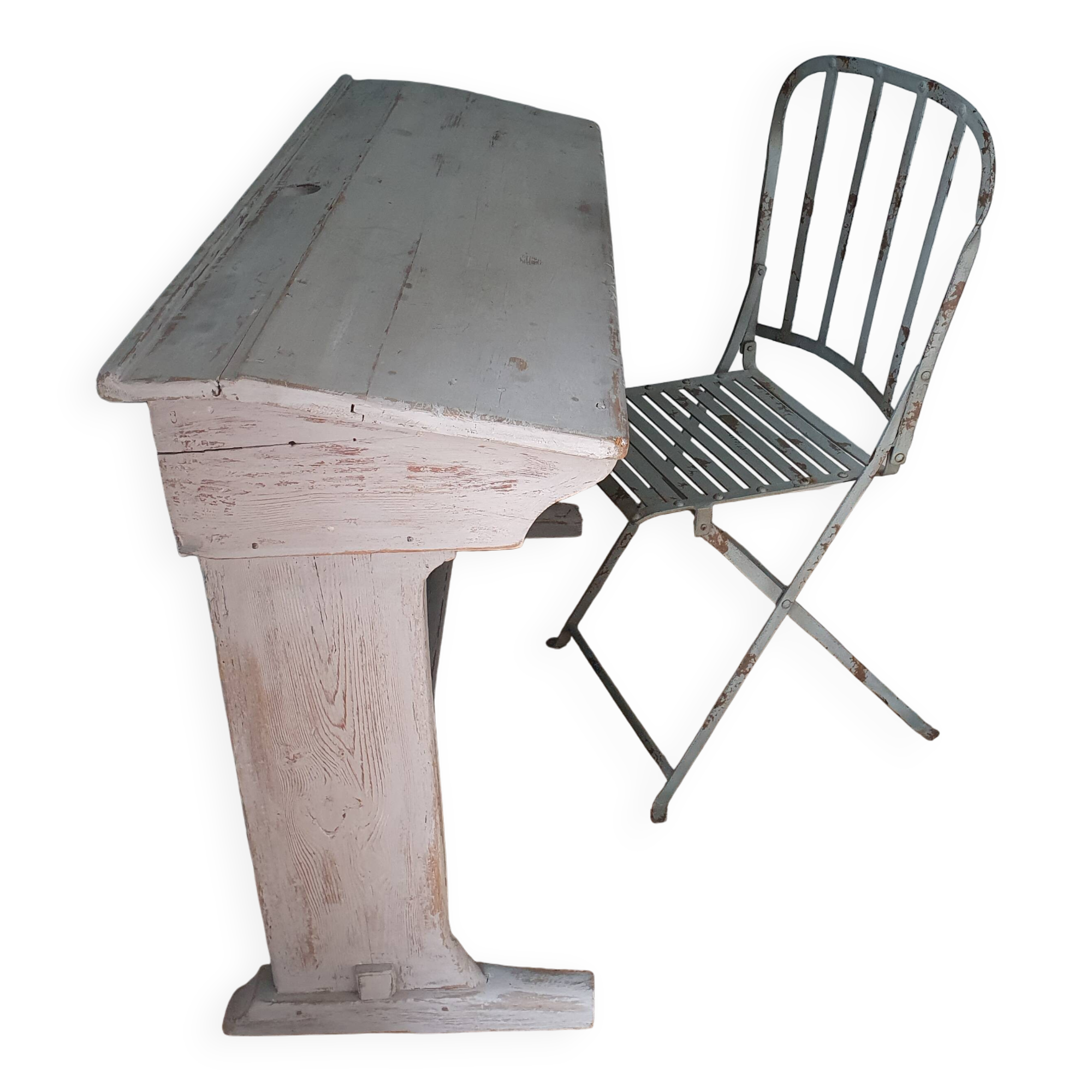 Antique school desk in soft gray patina + metal chair