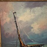 Oil on canvas fishing boats 1950 by Y. Morin