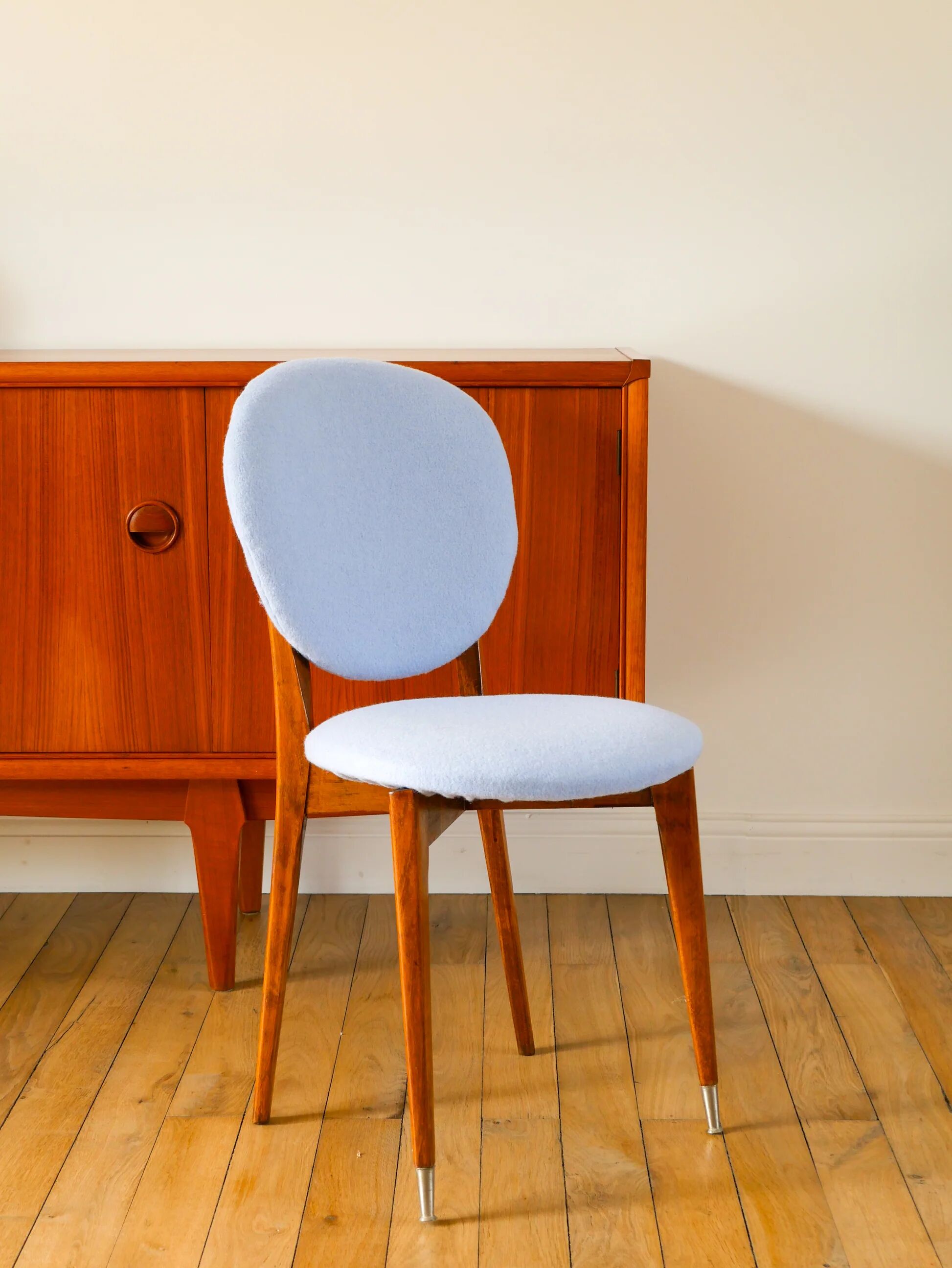 Beech wood chair, reupholstered in baby blue boiled wool, 1950.