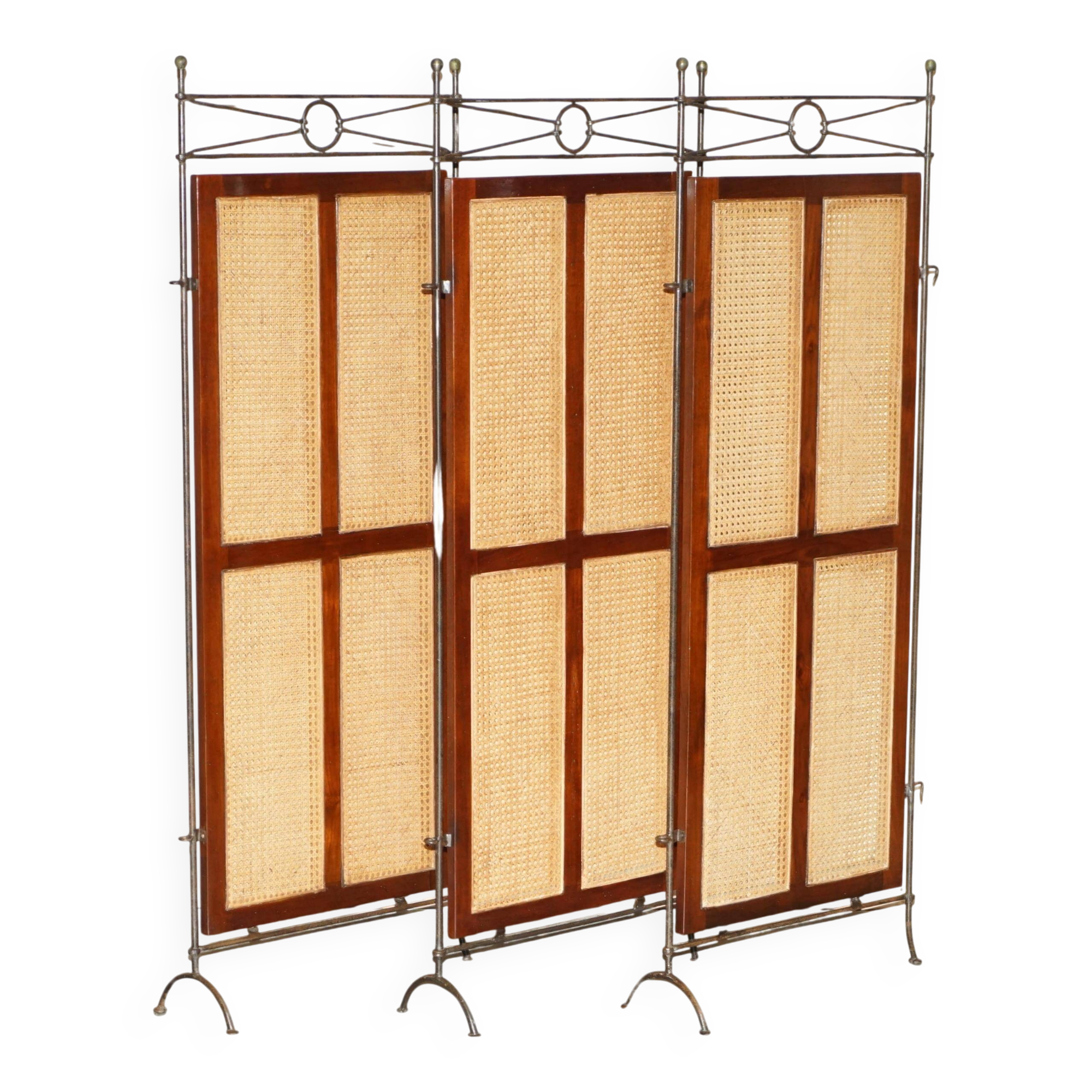 Vintage 3-panel wrought iron screen, bergère and hardwood.