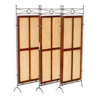 Vintage 3-panel wrought iron screen, bergère and hardwood.