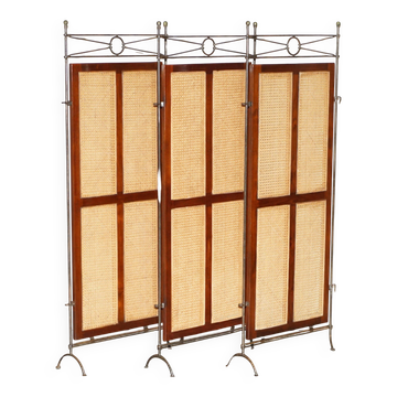 Vintage 3-panel wrought iron screen, bergère and hardwood.