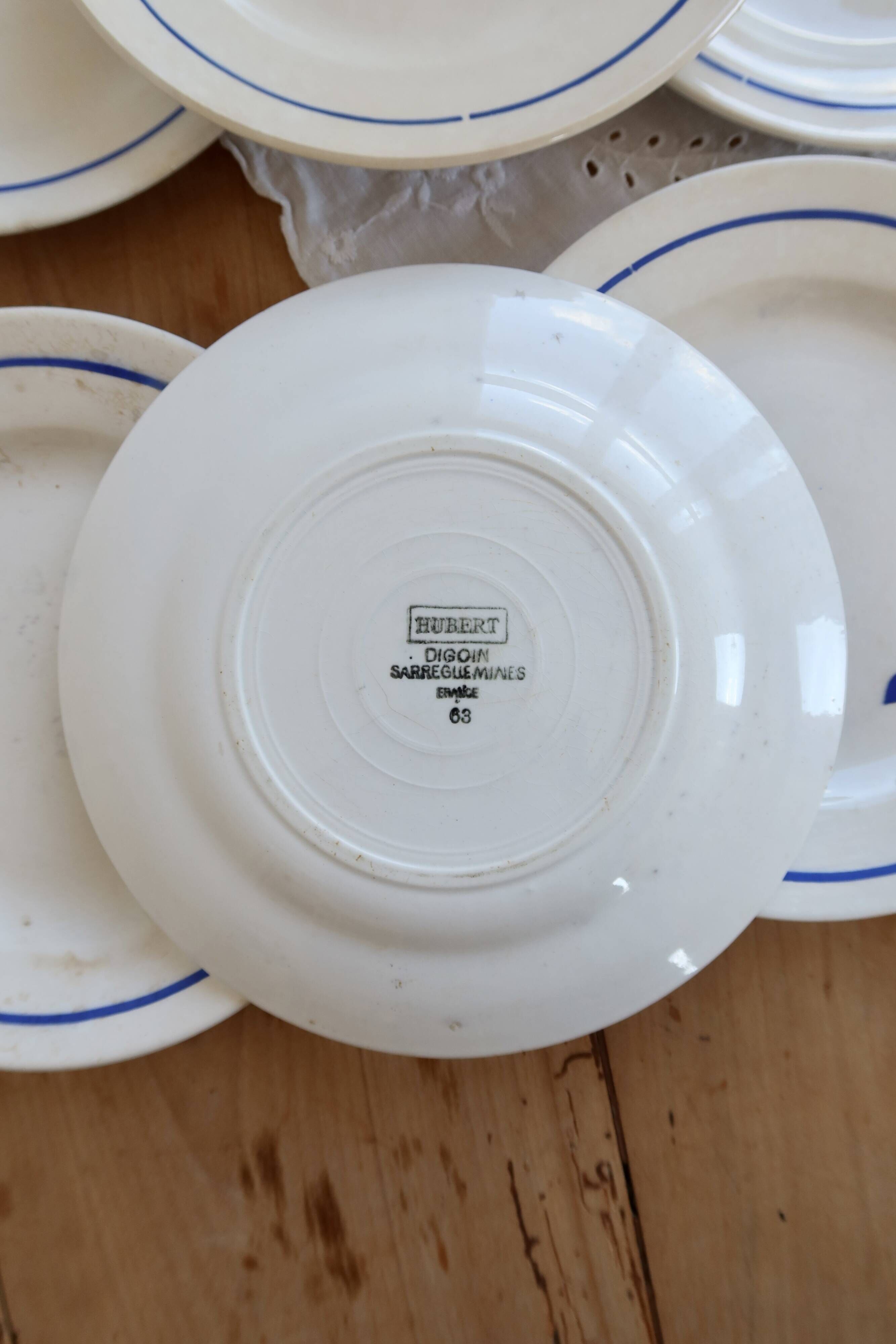 6 vintage ironstone dessert plates Digoin Sarreguemines Hubert blue