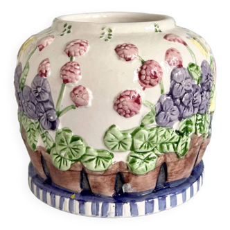 Cache pot coloré vintage céramique motif fleuri barbotine