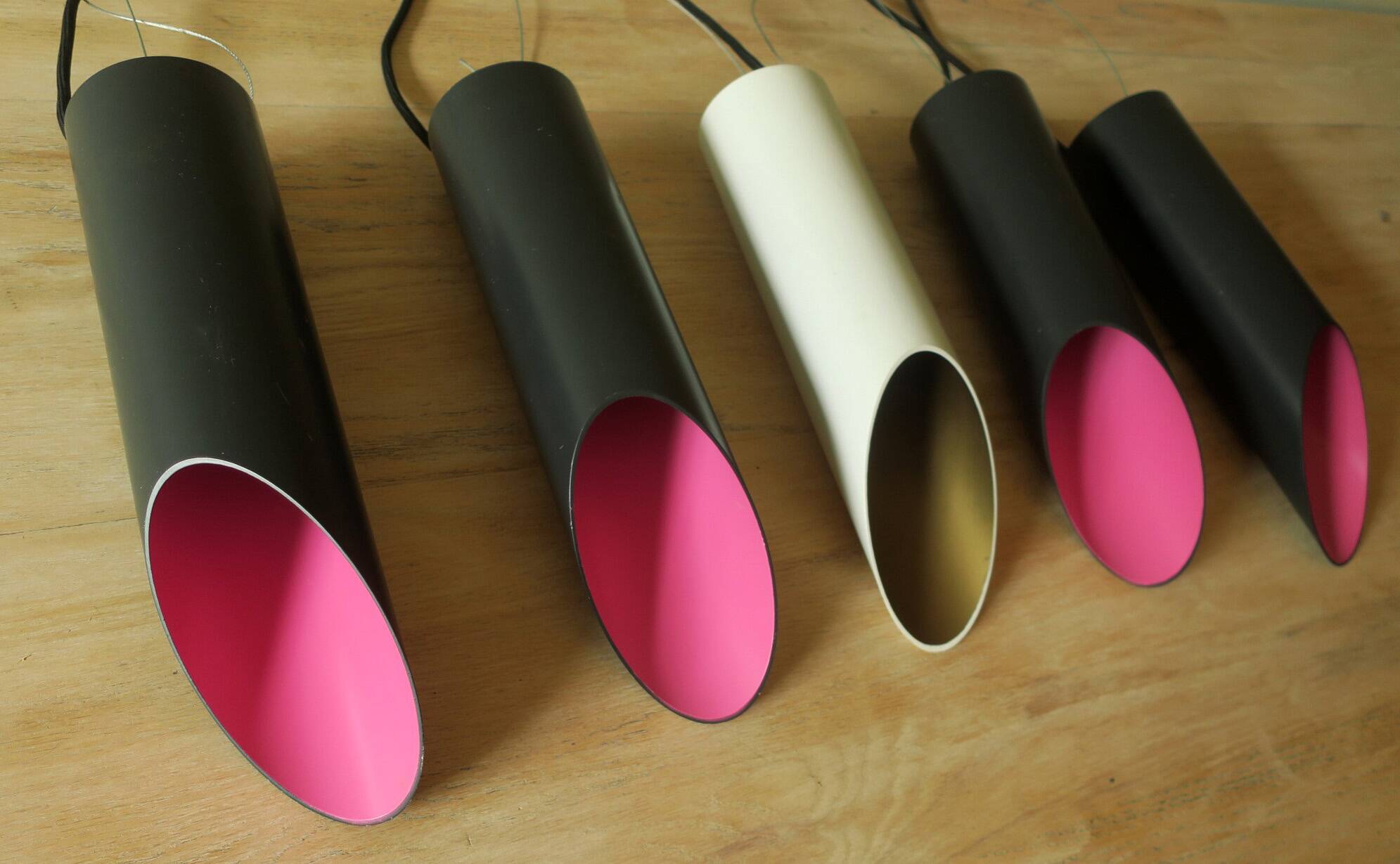 Set of 5 multicoloured cylindrical bar pendant lights, 1970s