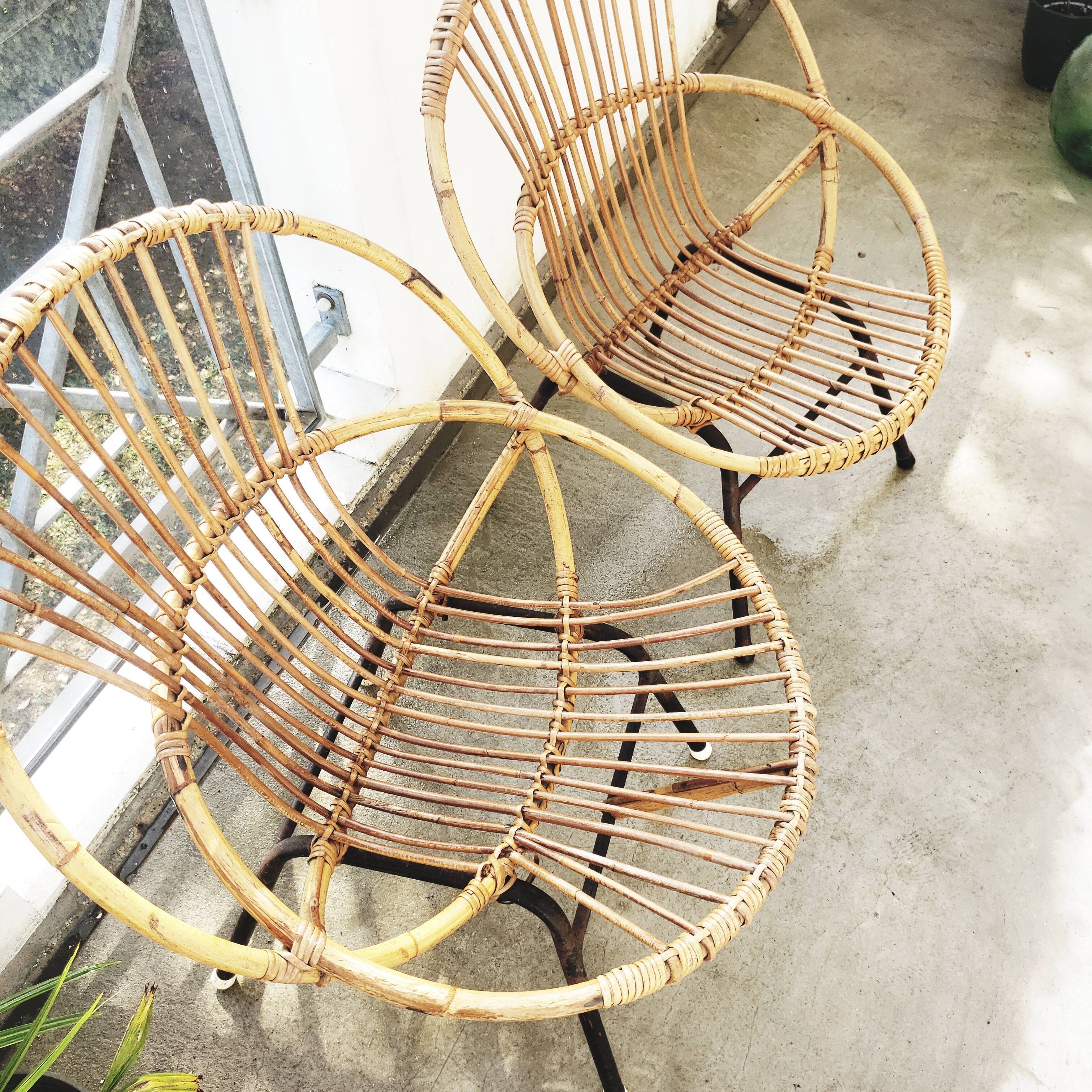 2 rattan shell armchairs, metal legs year 50