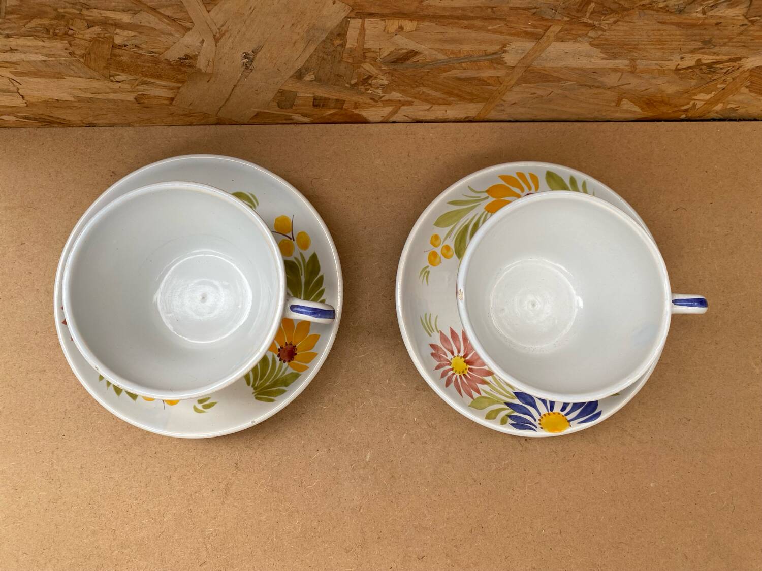 Pair of antique quimper hb ceramic cups vintage flower decor #b284