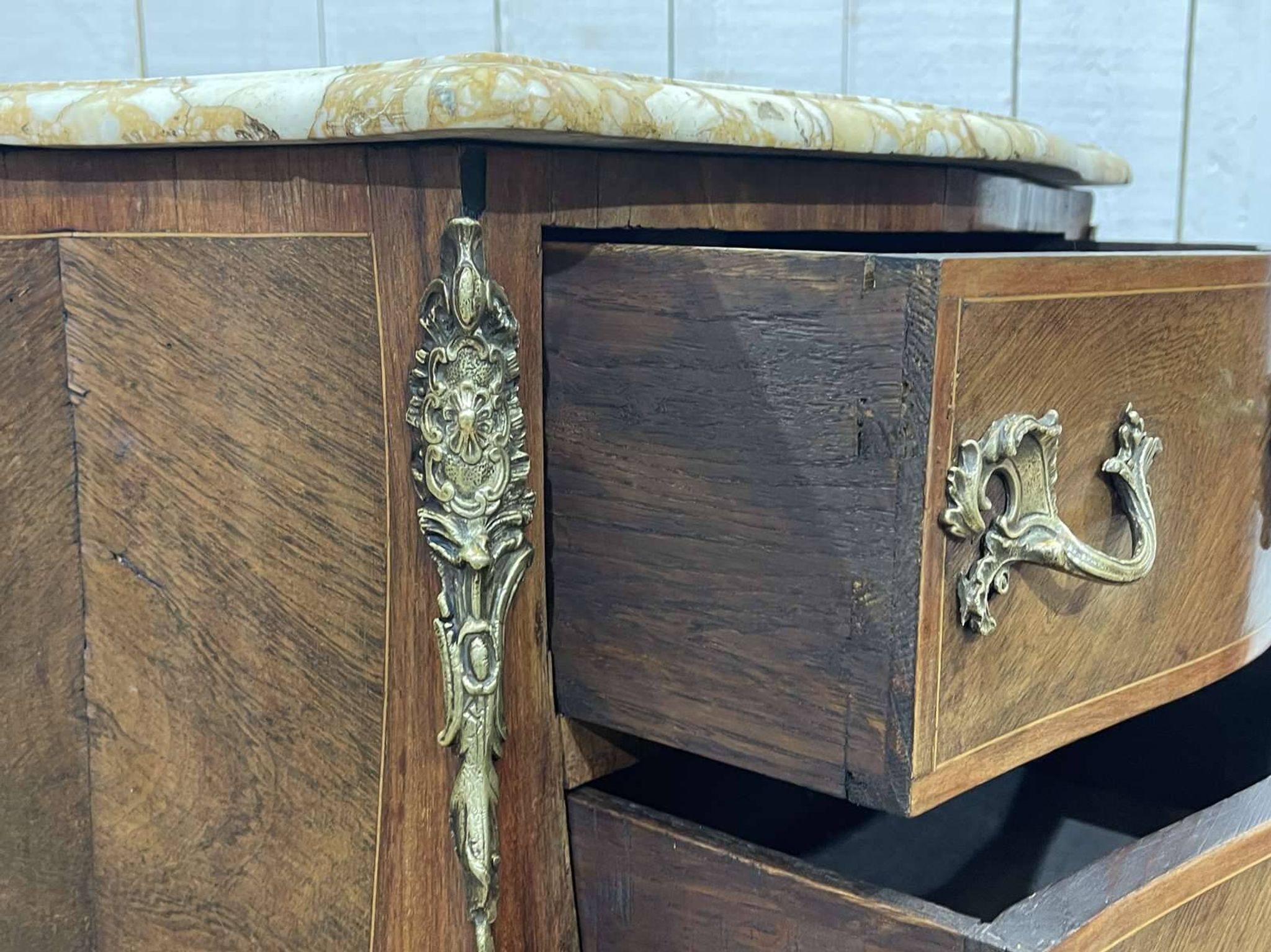 Late 19th-century Louis XV commode in oak, rosewood, and marble top