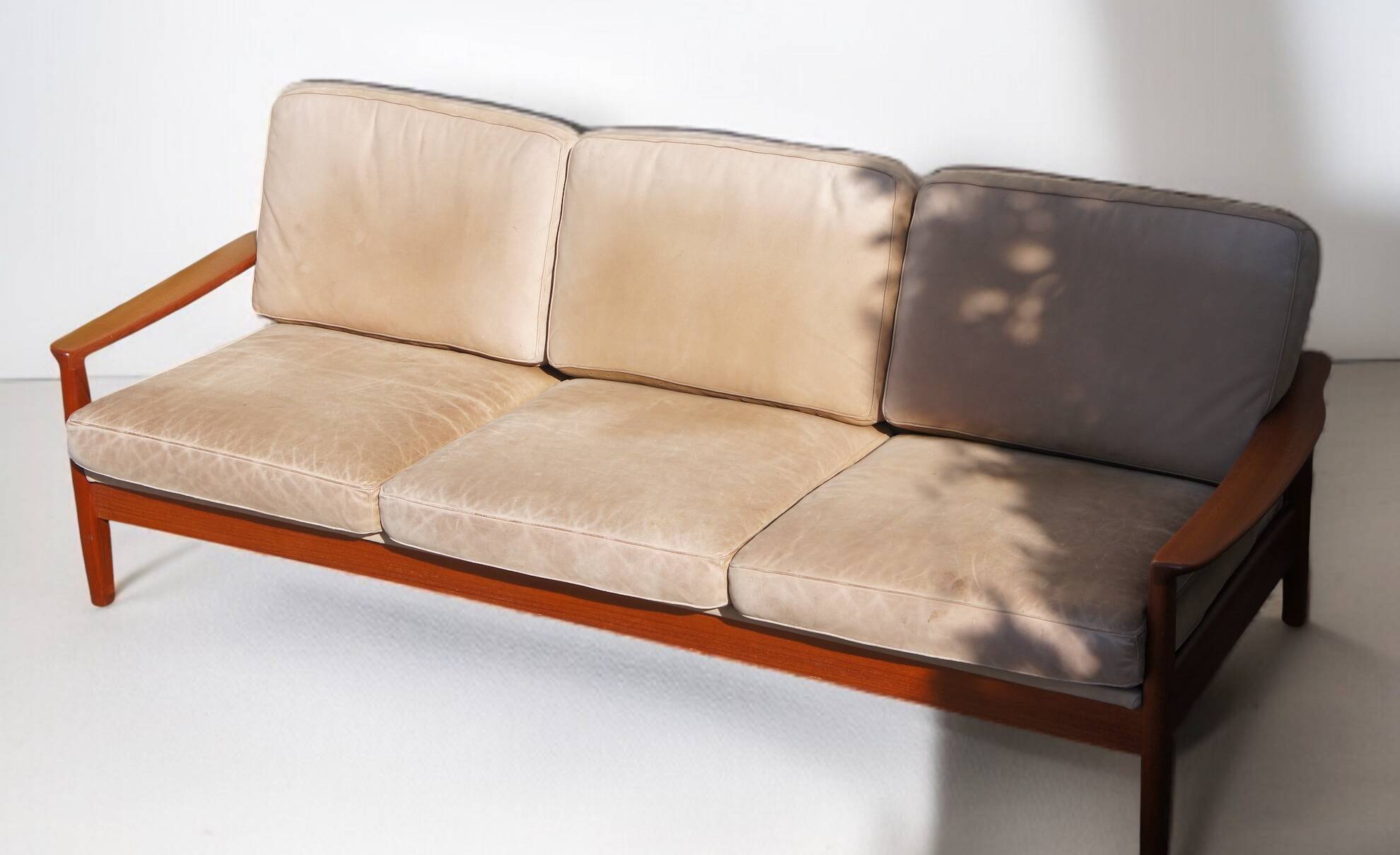 Danish Teak & Vintage Leather Convertible Sofa Bed 1960