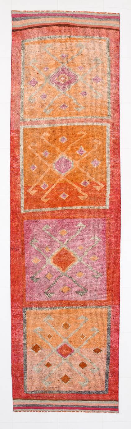 Pastel Tones Geometric Turkish Vintage Hallway Runner Rug, 95x345 Cm