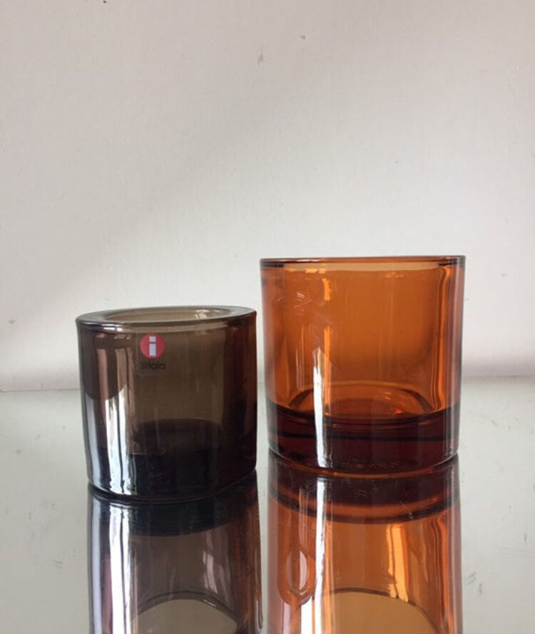 Kivi Iittala candle holders in orange and cinnamon glass 1988