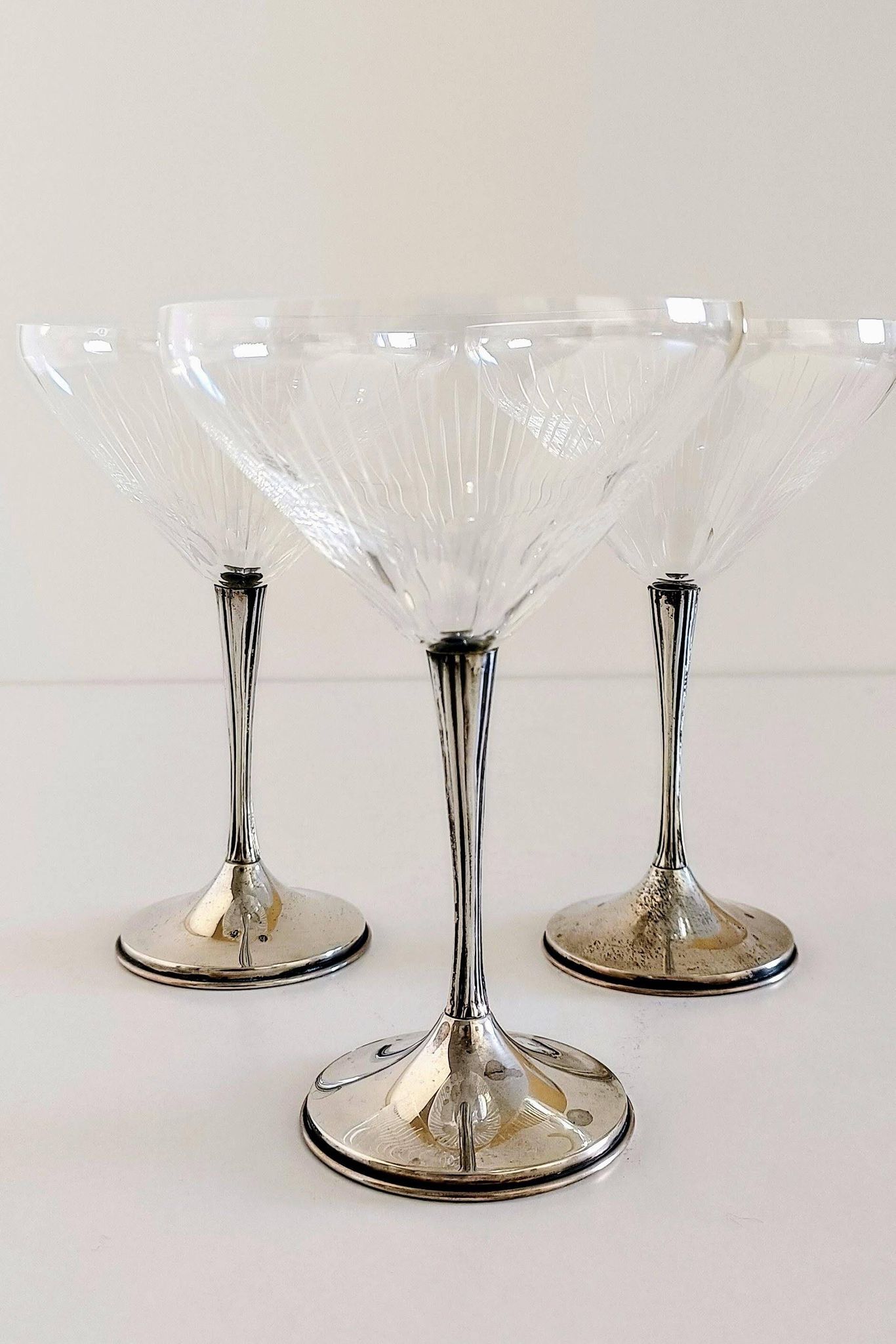 Art Deco Champagne Glasses Set of 3, Sterling Silver & Cut Glass