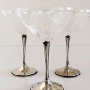 Art Deco Champagne Glasses Set of 3, Sterling Silver & Cut Glass