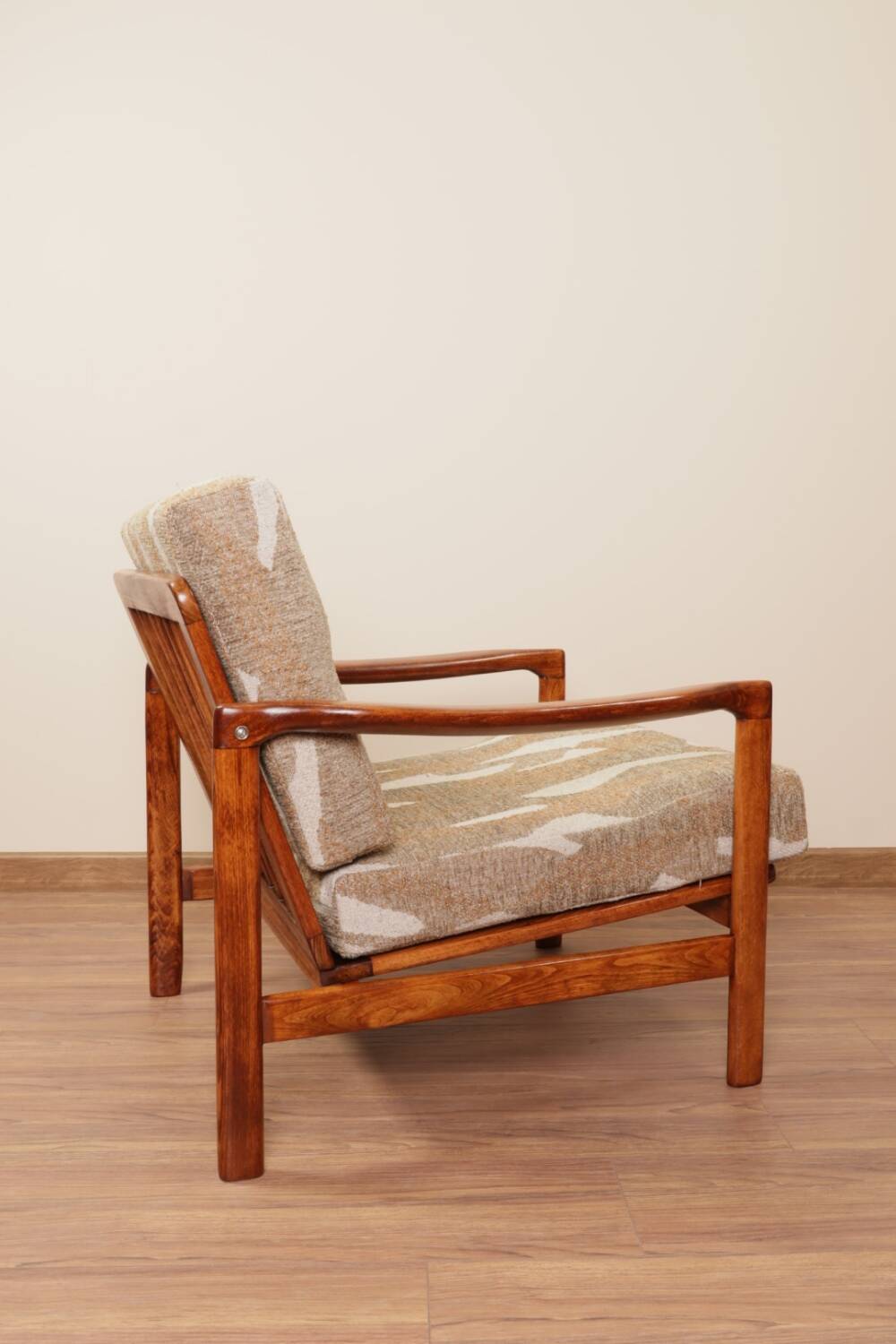 Vintage armchair in safari beige, 1965 mid-century modern design.