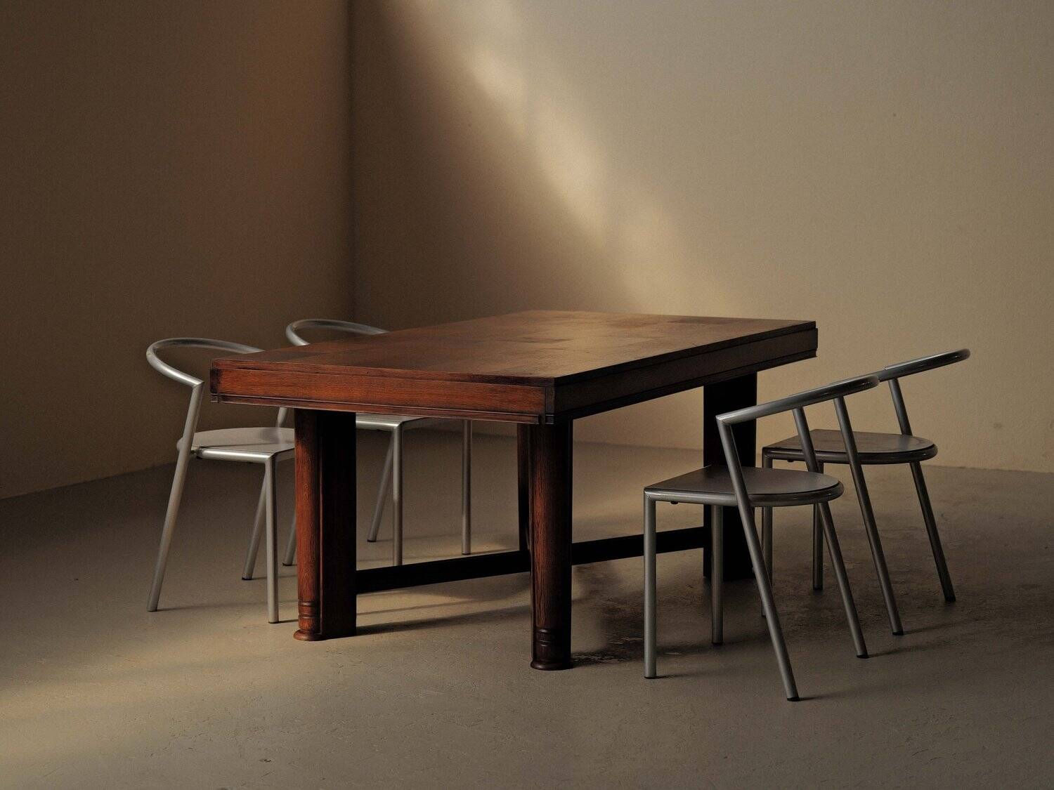 Modernist oak table with a checkerboard top, France, circa 1940.