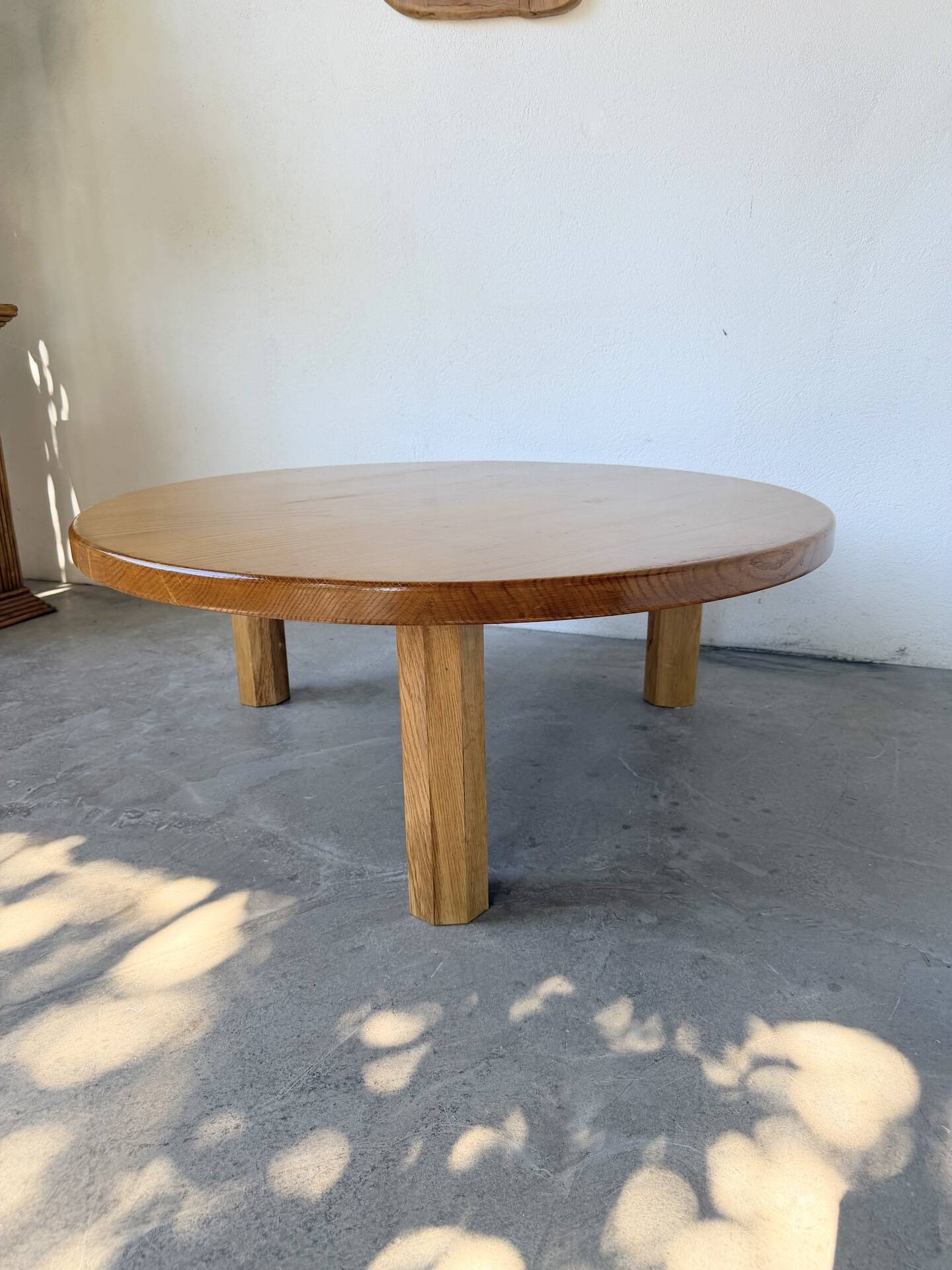 1950s round tripod oak coffee table