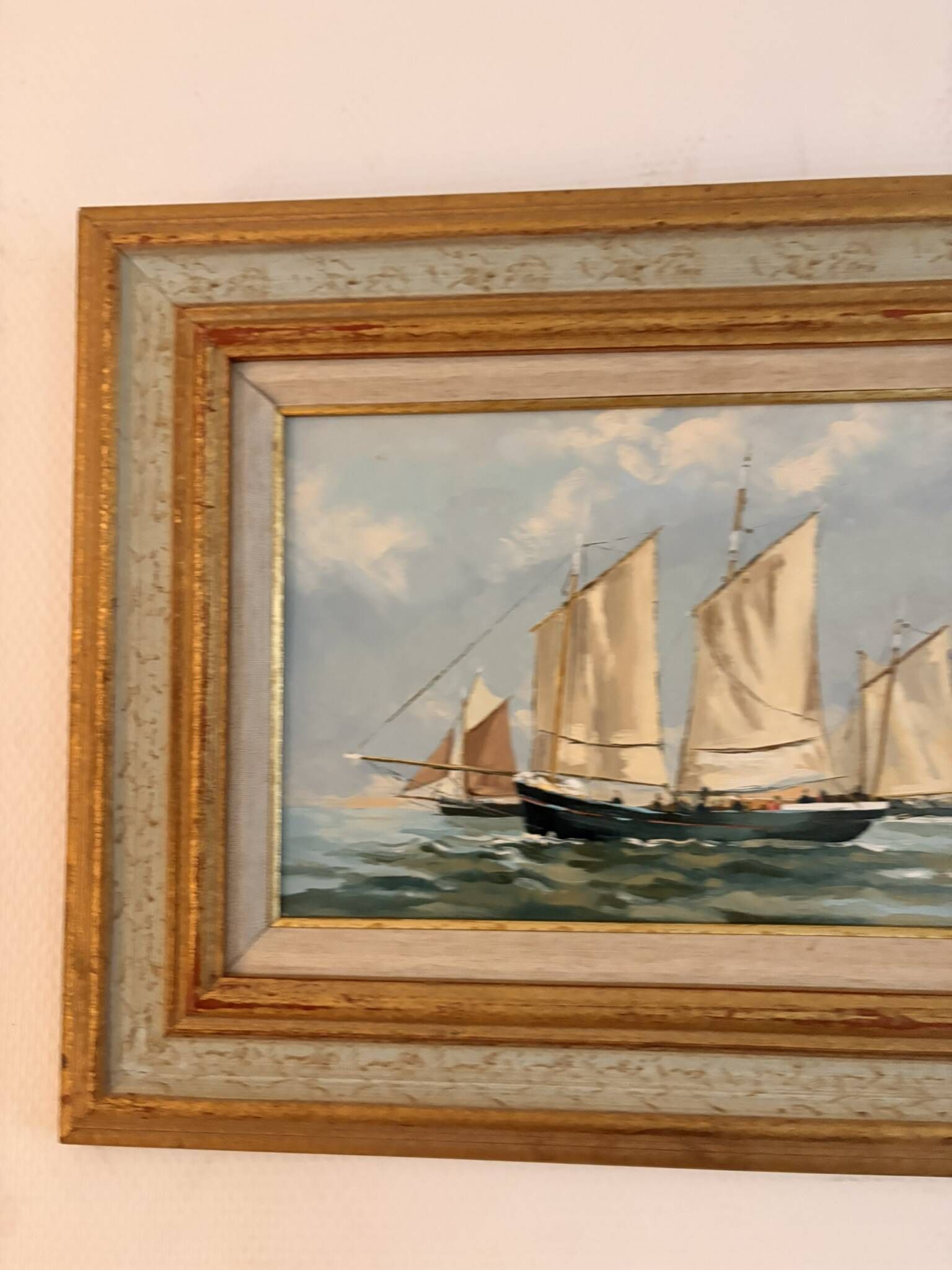 Old Oil Painting Marine Boat Signed Odile C Frigate