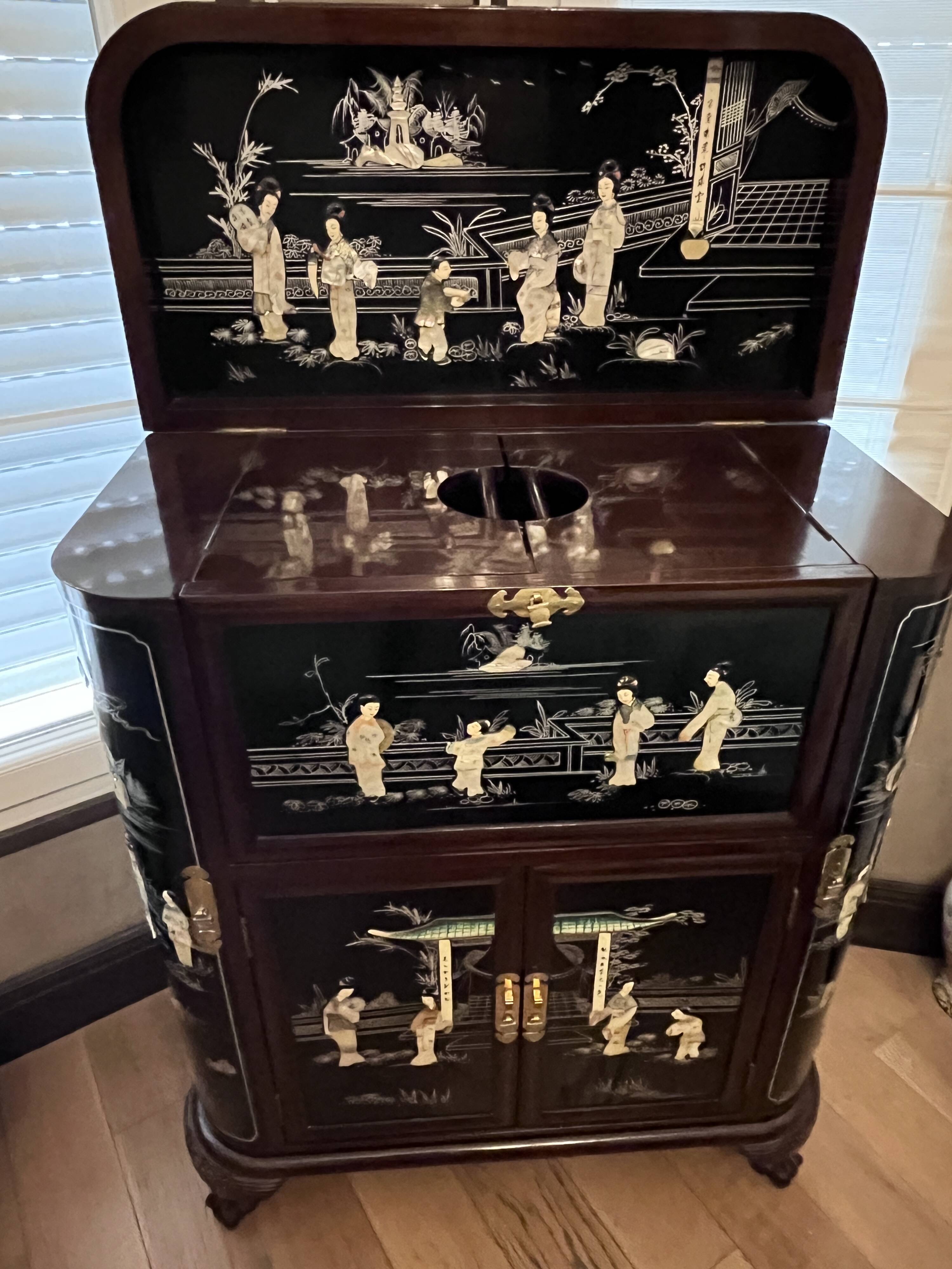 "Chinese black lacquer cabinet, mother-of-pearl inlays, court scenes"