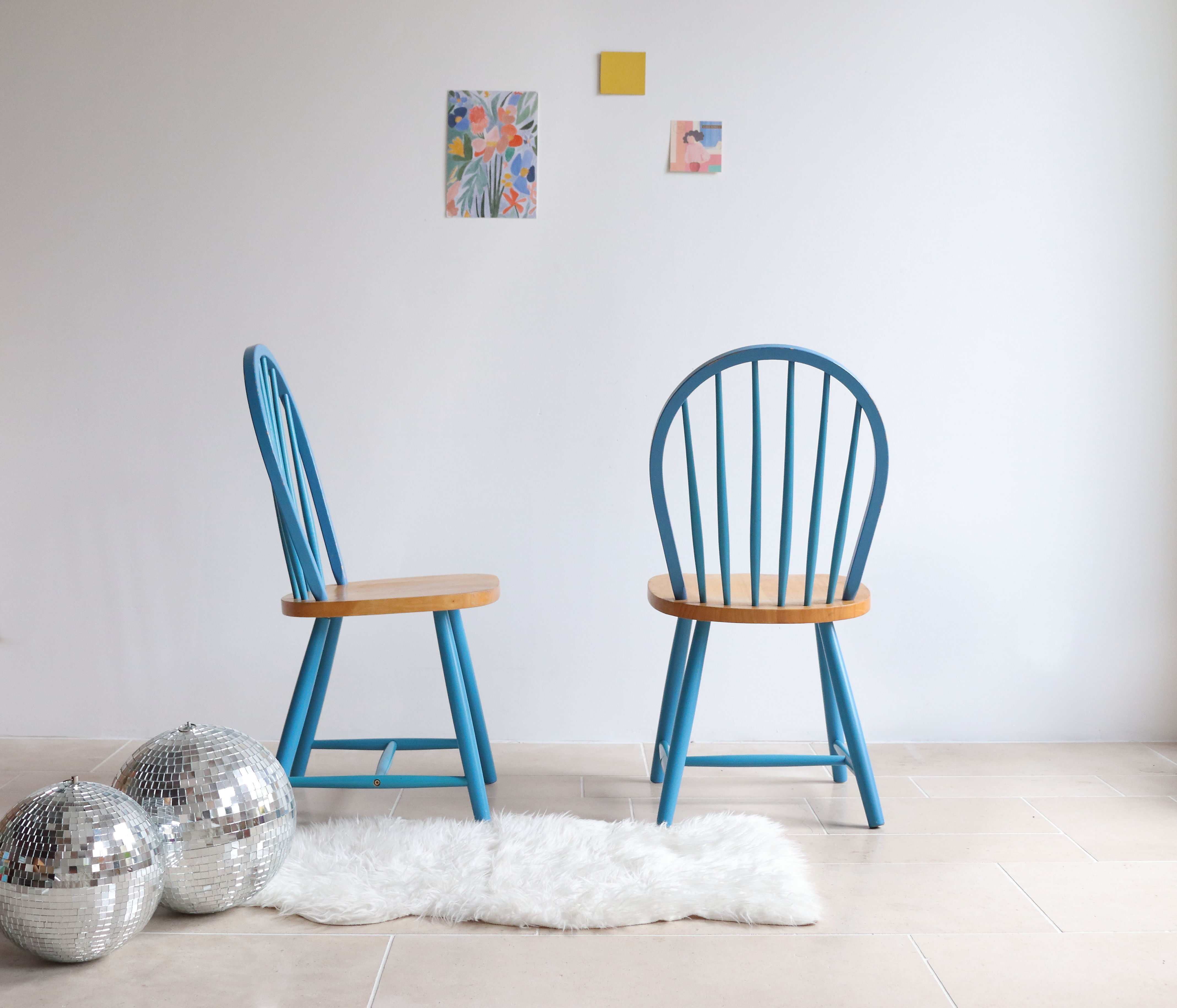 Pair of vintage Scandinavian Windsor chairs with blue bars